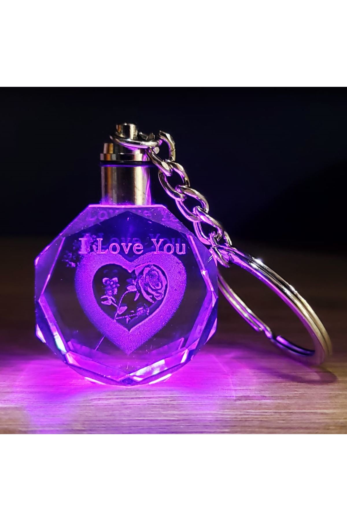 I Love You Kalp İçinde Gül Renk Değiştiren Kristal Anahtarlık