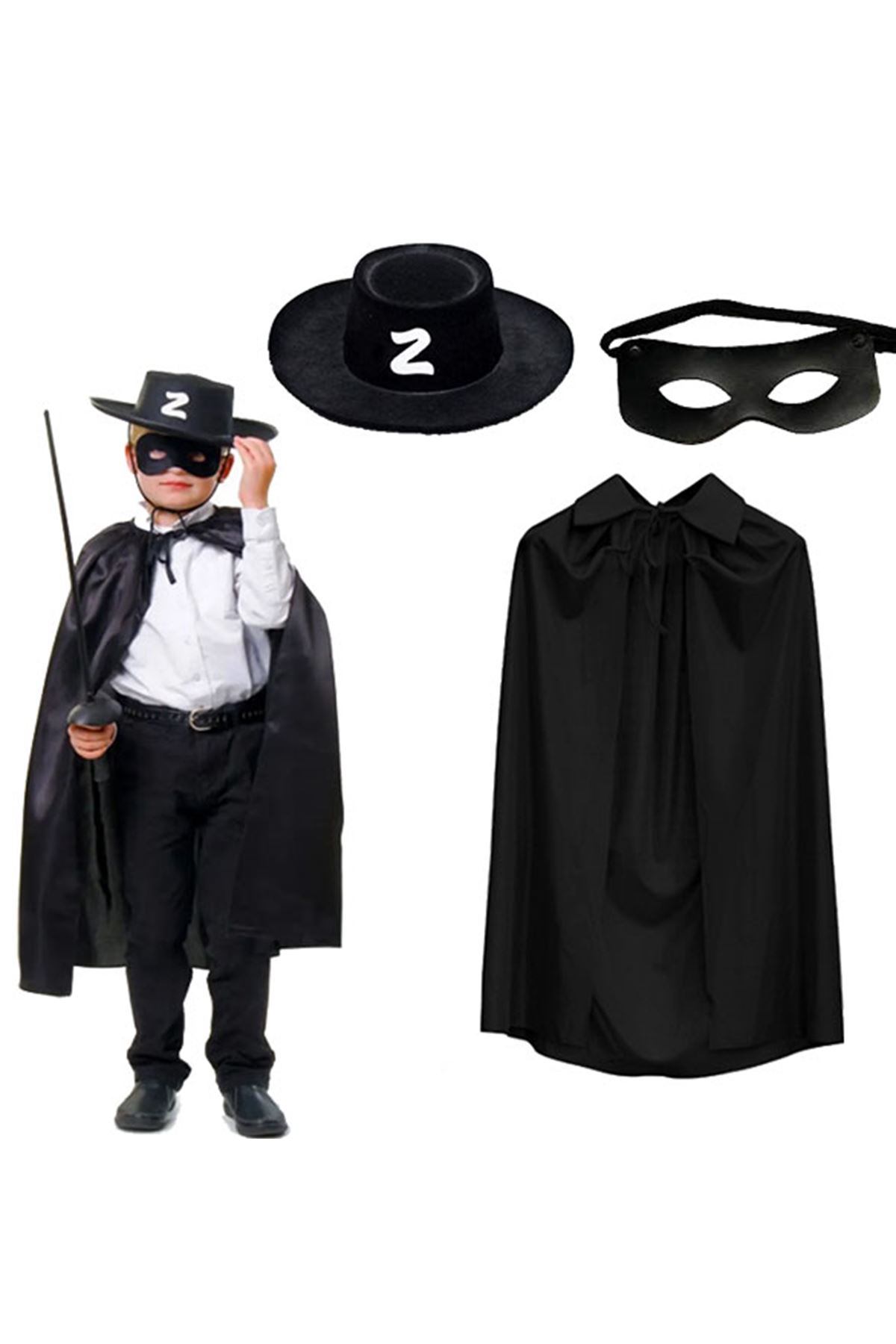 Zorro Pelerin Şapkası ve Maske Seti Çocuk Boy