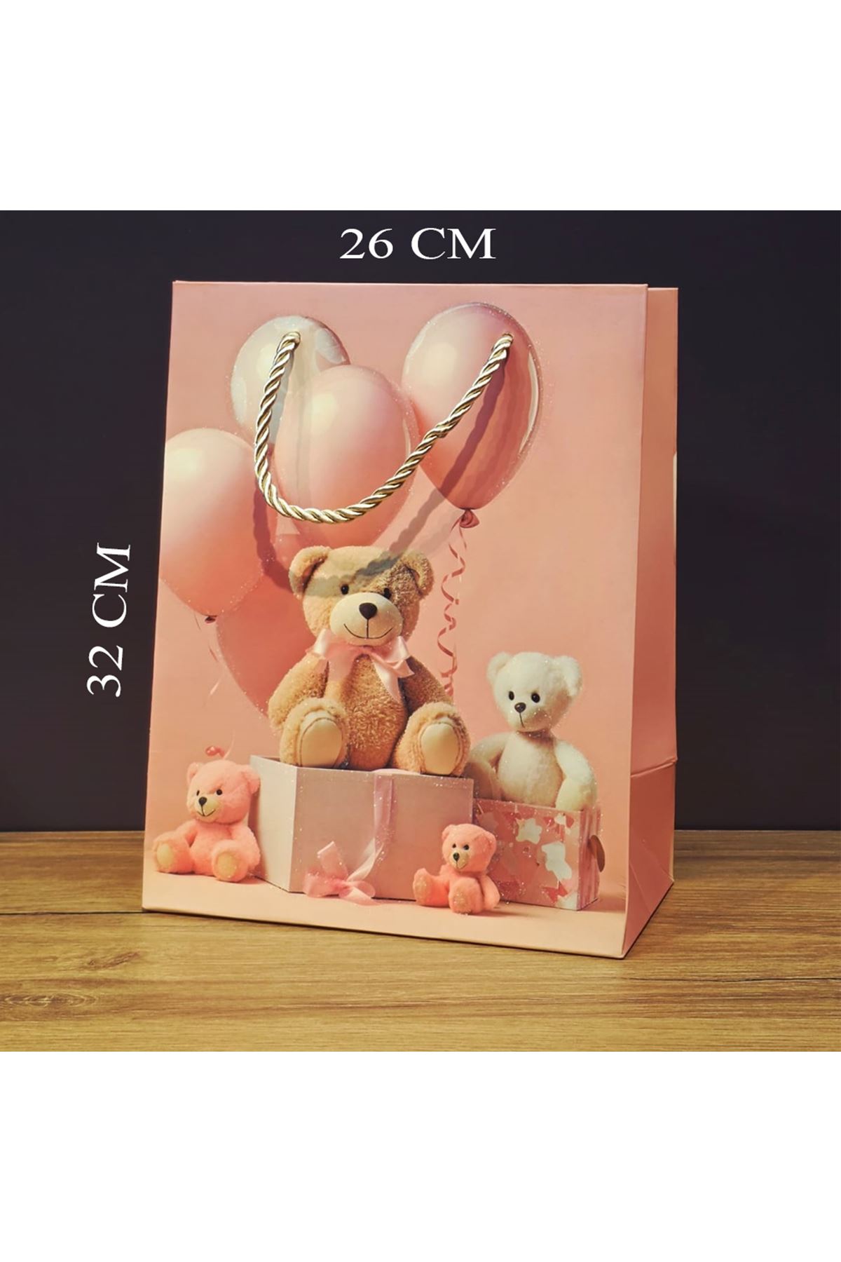 Ayıcık Desenli Pembe Büyük Boy Karton Hediye Çantası