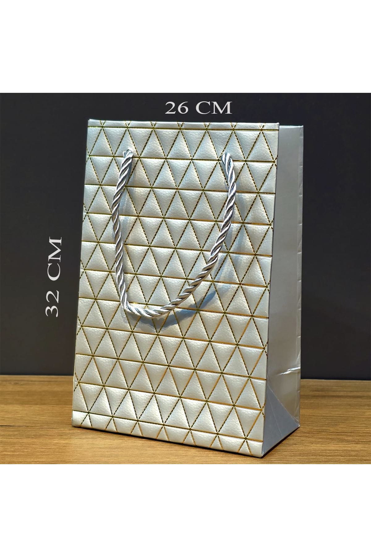Gümüş Geometrik Desenli Büyük Boy Karton Hediye Çantası