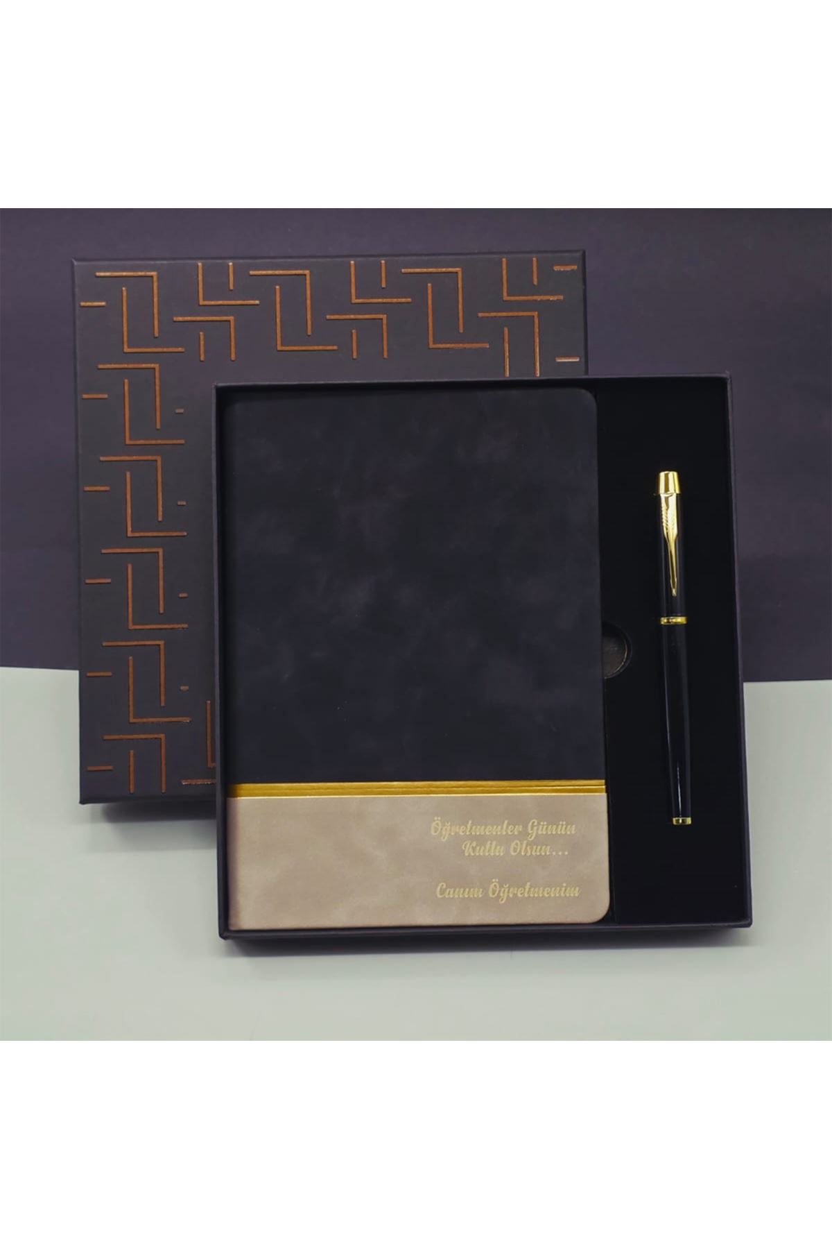 Öğretmenler Günü Özel Siyah Deri Defter Ve Metal Roller Kalem Hediye Seti