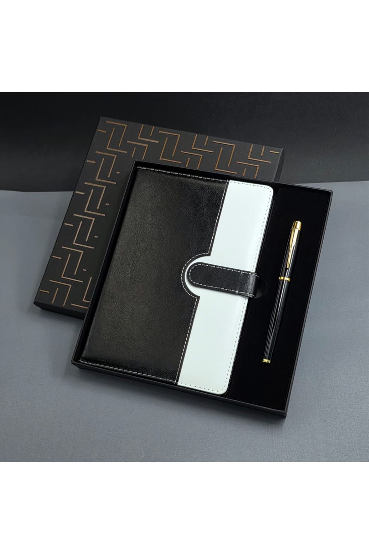 Siyah Beyaz Renkli Tarihsiz Ajanda Defter Ve Metal Roller Kalem Seti