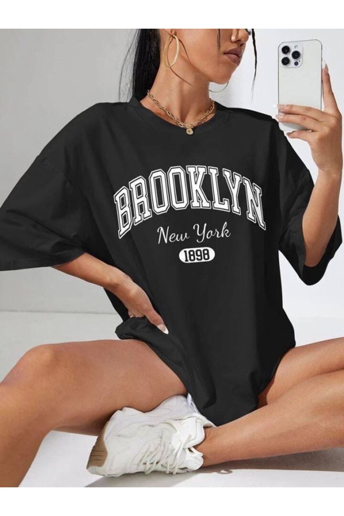 Kadın Brooklyn New York Baskılı Oversize Tshirt