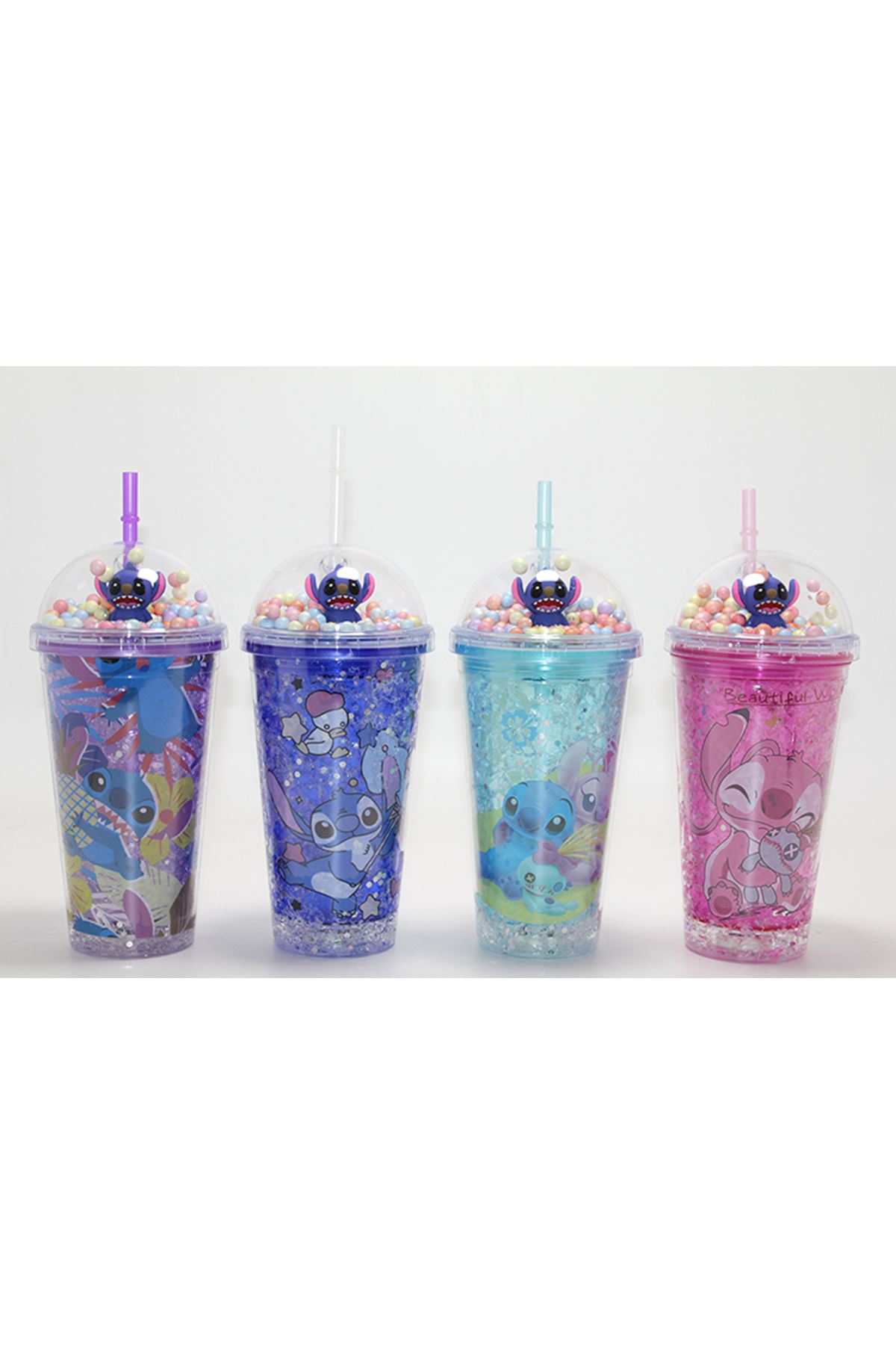 Sevimli Stitch Işıklı Pipetli Pullu Suluk Bardak 400 ml