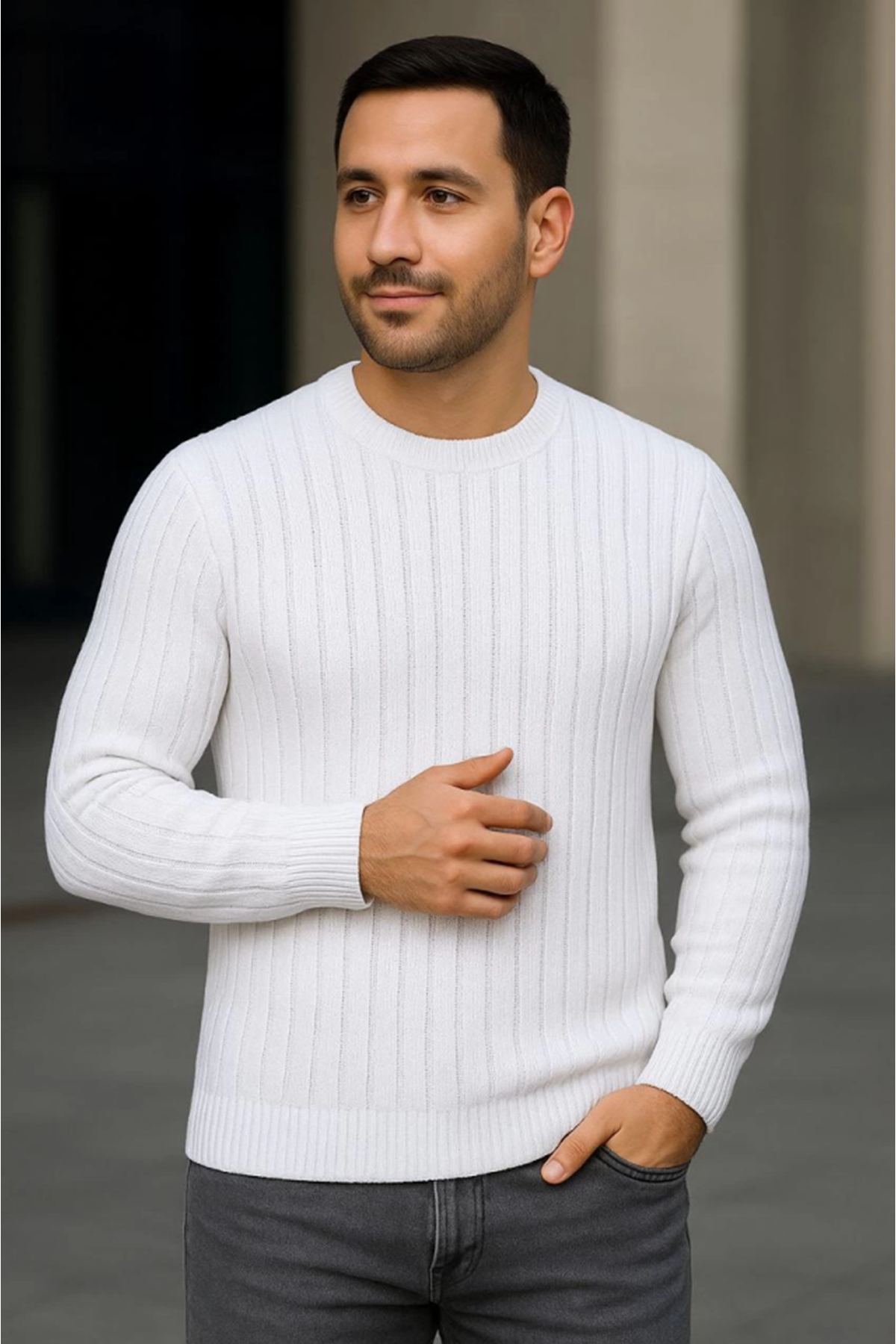 Erkek Bisiklet Yuvarlak Yaka Triko Kazak Pamuklu Kalın Fitilli Dokuma, Regular Fit Uzun Kollu Kışlık Model - Beyaz
