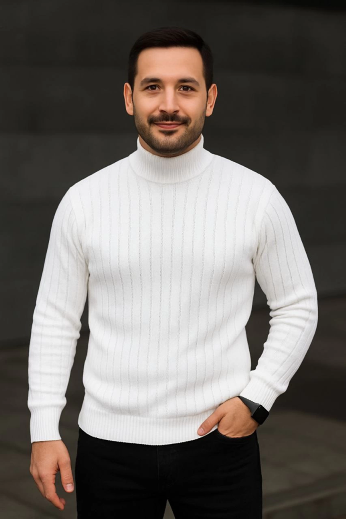 Erkek Balıkcı Yaka Bağazlı Triko Kazak Pamuklu Kalın Fitilli Dokuma, Regular Fit Uzun Kollu Kışlık Model - Beyaz