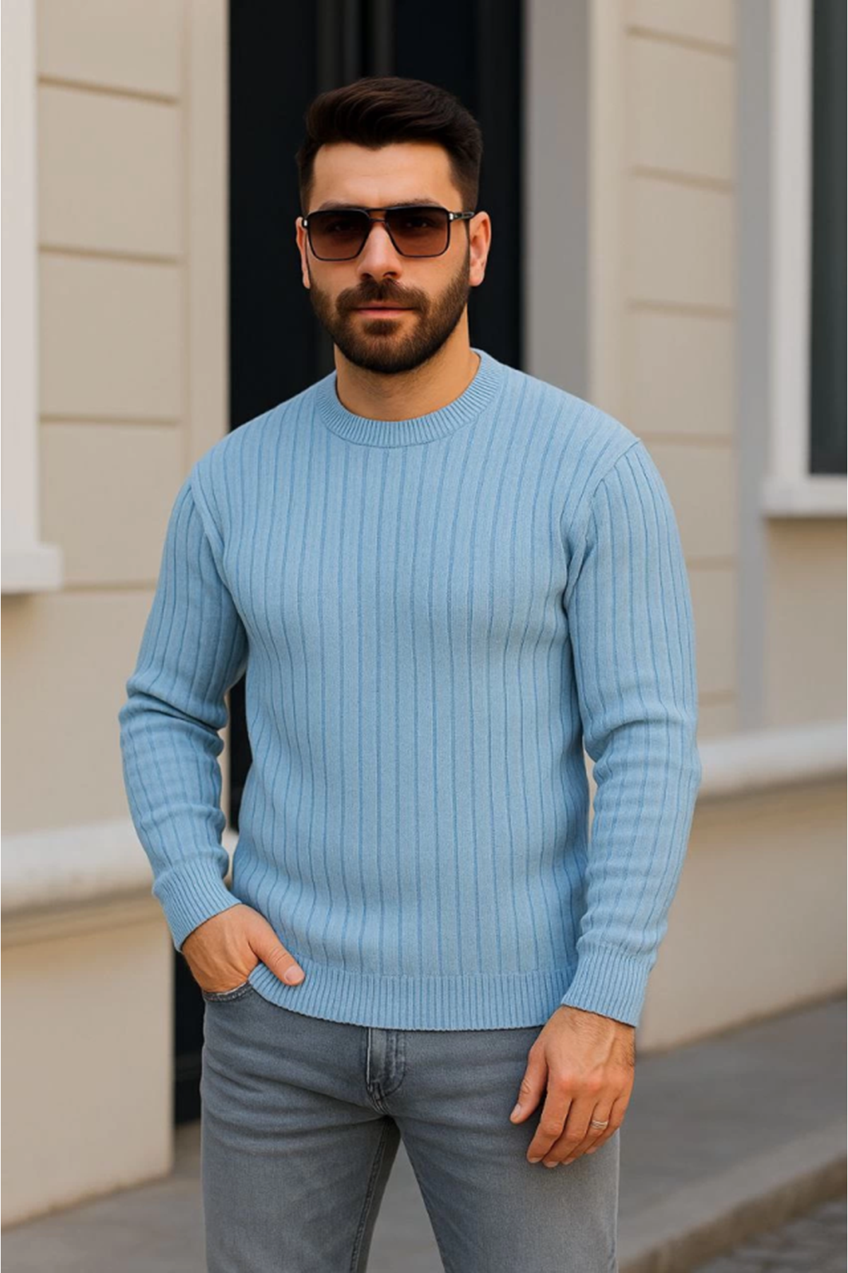Erkek Bisiklet Yuvarlak Yaka Triko Kazak Pamuklu Kalın Fitilli Dokuma, Regular Fit Uzun Kollu Kışlık Model - Bebe Mavisi