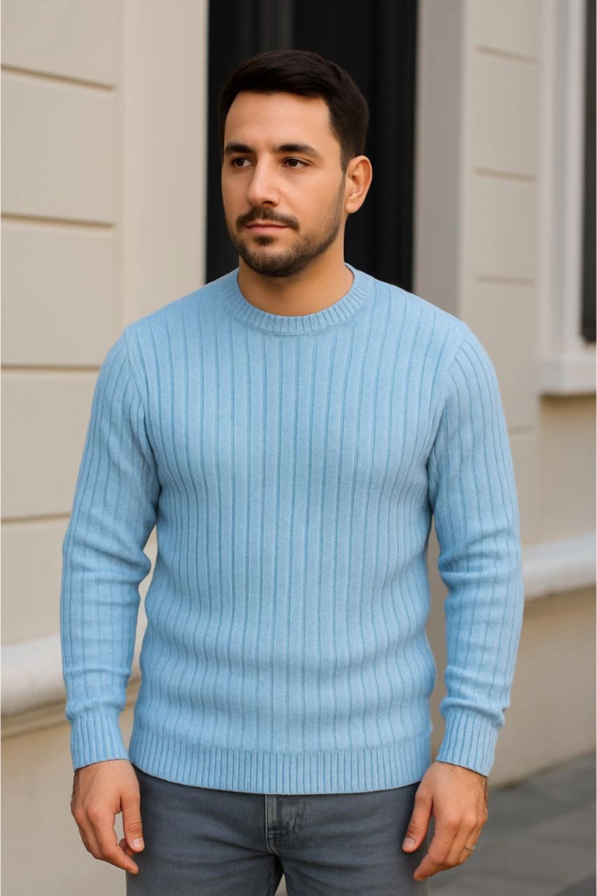 Erkek Bisiklet Yuvarlak Yaka Triko Kazak Pamuklu Kalın Fitilli Dokuma, Regular Fit Uzun Kollu Kışlık Model - Bebe Mavisi