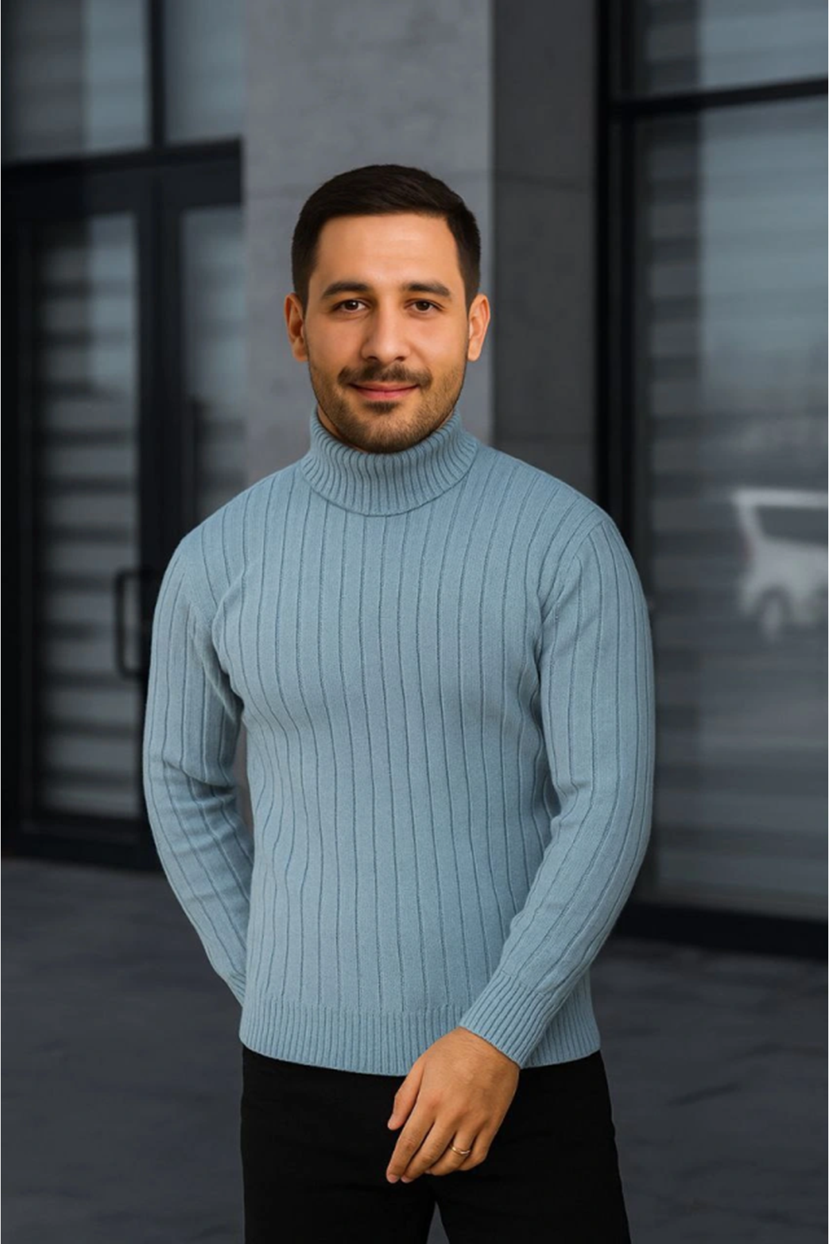 Erkek Fitilli Triko Kazak 2li Set Bebek Mavisi Siyah Regular Balıkcı Yaka Tam Boğazlı Triko Seti Modeli Kazak