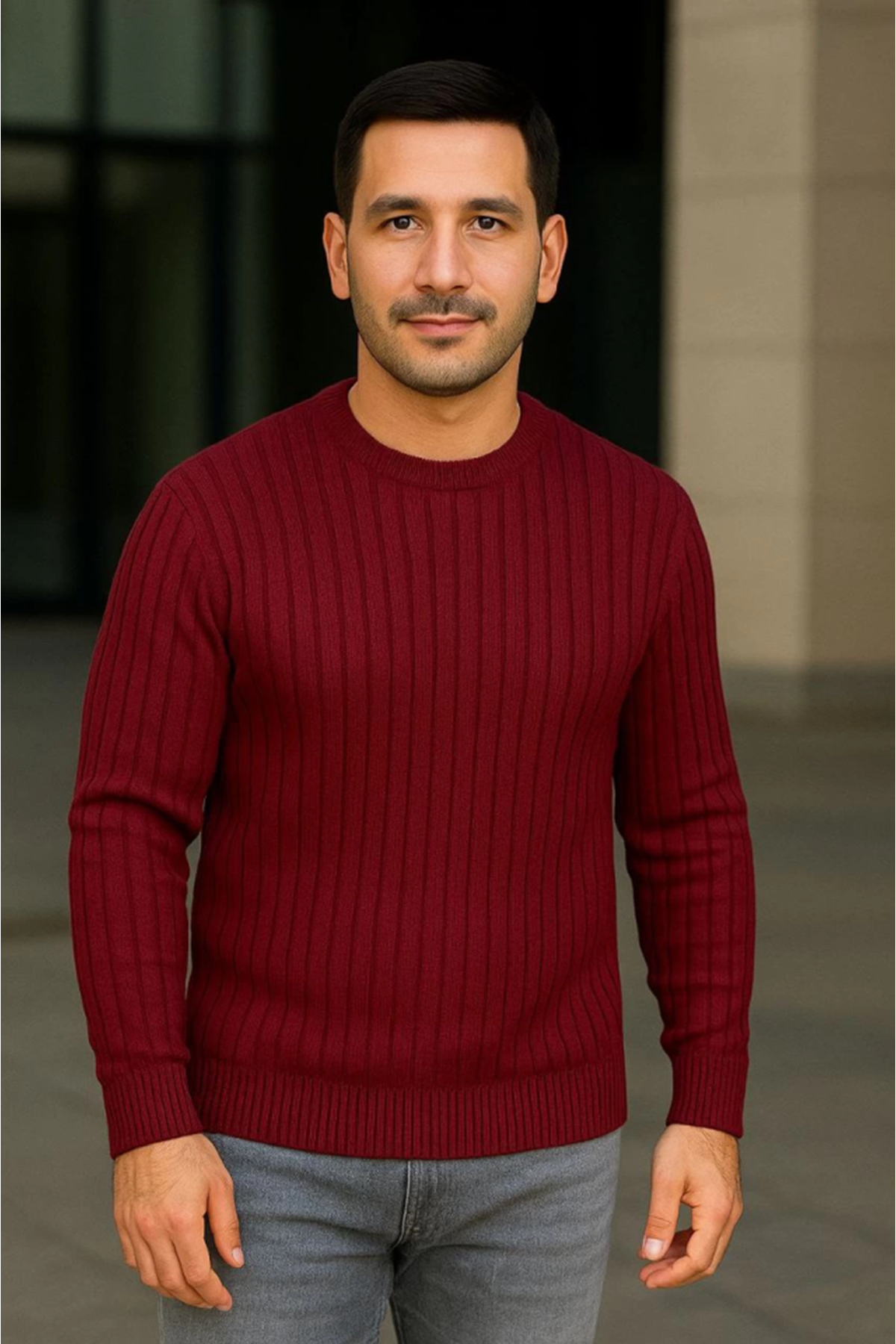 Erkek Bisiklet Yuvarlak Yaka Triko Kazak Pamuklu Kalın Fitilli Dokuma, Regular Fit Uzun Kollu Kışlık Model - Bordo