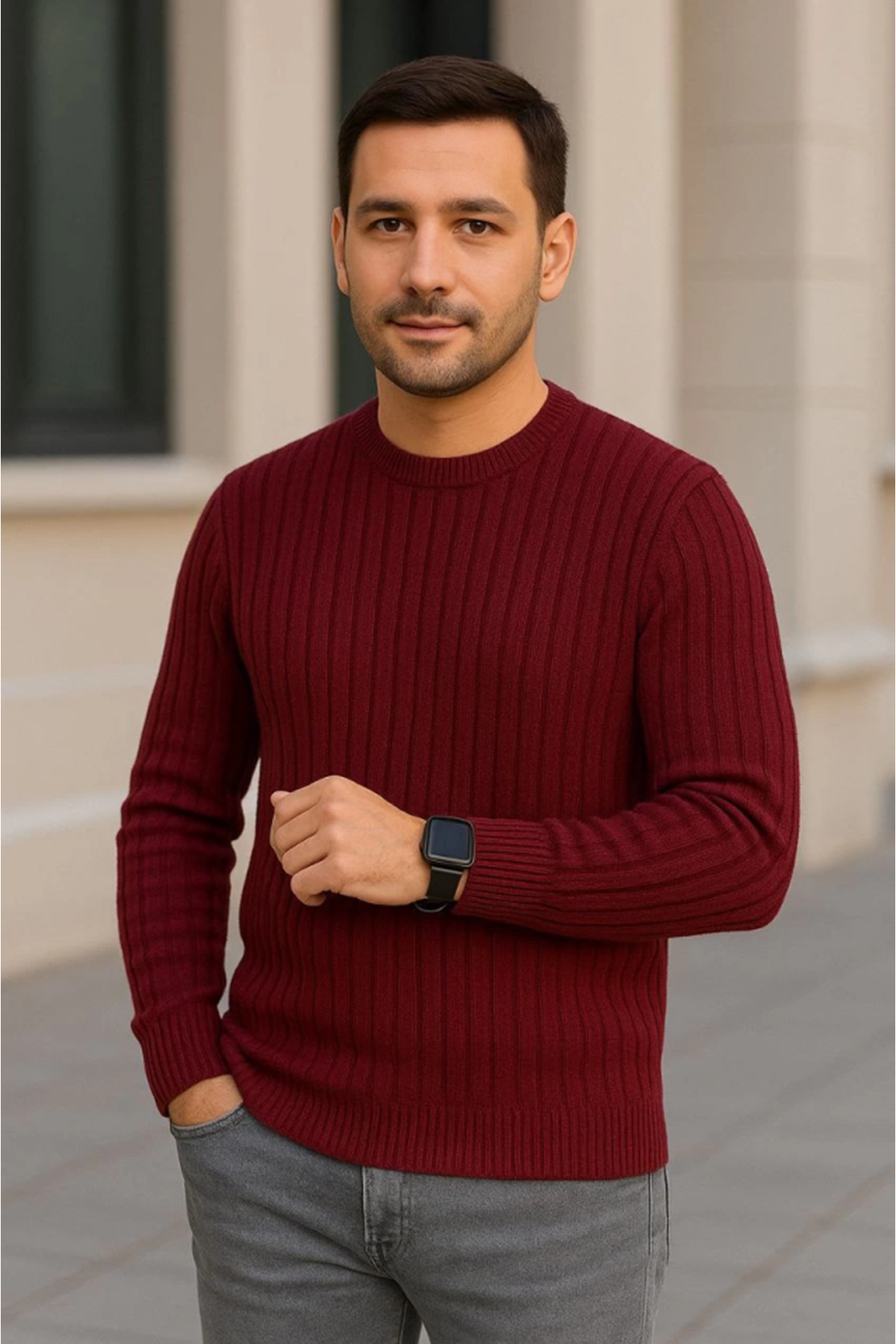 Erkek Bisiklet Yuvarlak Yaka Triko Kazak Pamuklu Kalın Fitilli Dokuma, Regular Fit Uzun Kollu Kışlık Model - Bordo