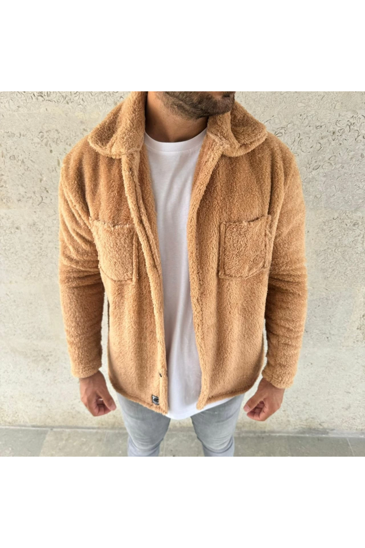 Erkek Pelüş Polar Hırka Gömlek – Yakalı, İlik Düğmeli, Göğüs Cepli, Yumuşak Dokulu Kışlık Regular Fit Rahat Günlük Model - Açık Kahve
