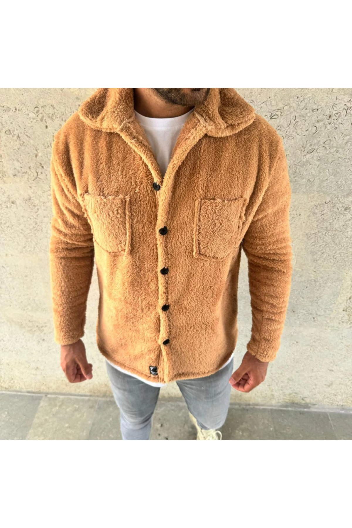 Erkek Pelüş Polar Hırka Gömlek – Yakalı, İlik Düğmeli, Göğüs Cepli, Yumuşak Dokulu Kışlık Regular Fit Rahat Günlük Model - Açık Kahve