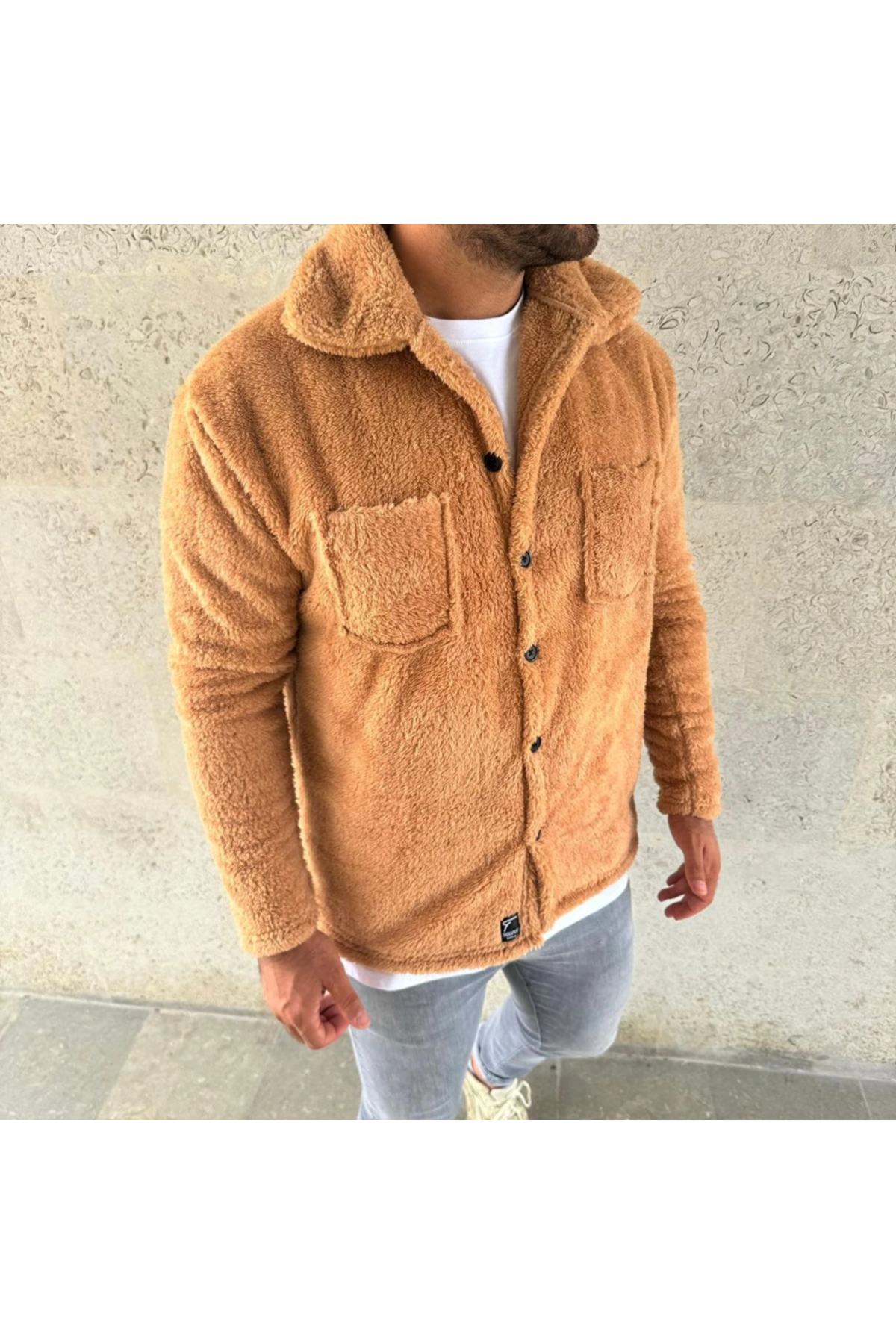 Erkek Pelüş Polar Hırka Gömlek – Yakalı, İlik Düğmeli, Göğüs Cepli, Yumuşak Dokulu Kışlık Regular Fit Rahat Günlük Model - Açık Kahve
