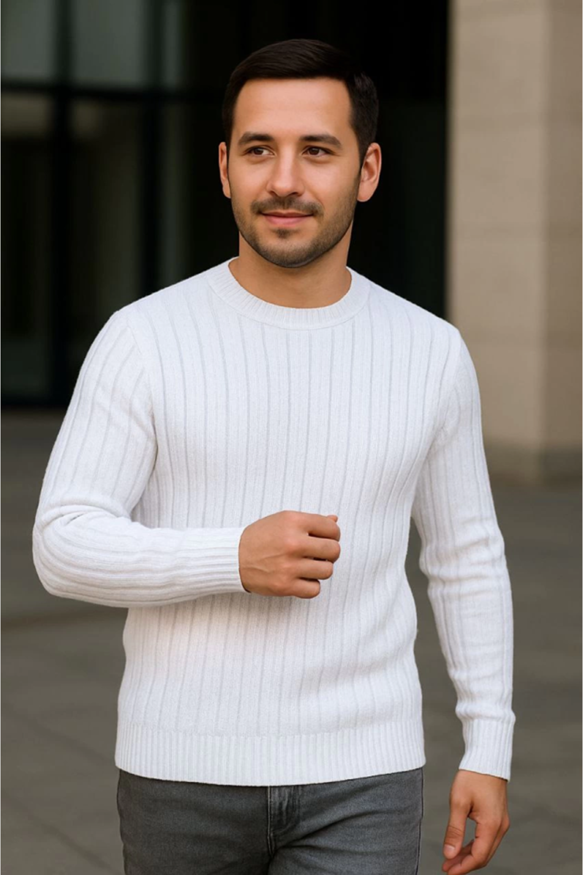Erkek Fitilli Triko Kazak 3lü Set Beyaz Bordo Siyah Regular Fit Bisiklet Yaka Triko Seti