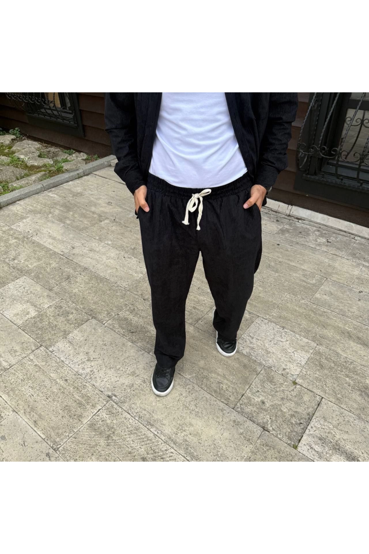Erkek Fitilli Kadife Cepli Buggy Pantolon Oversize Rahat Kalıp - Siyah