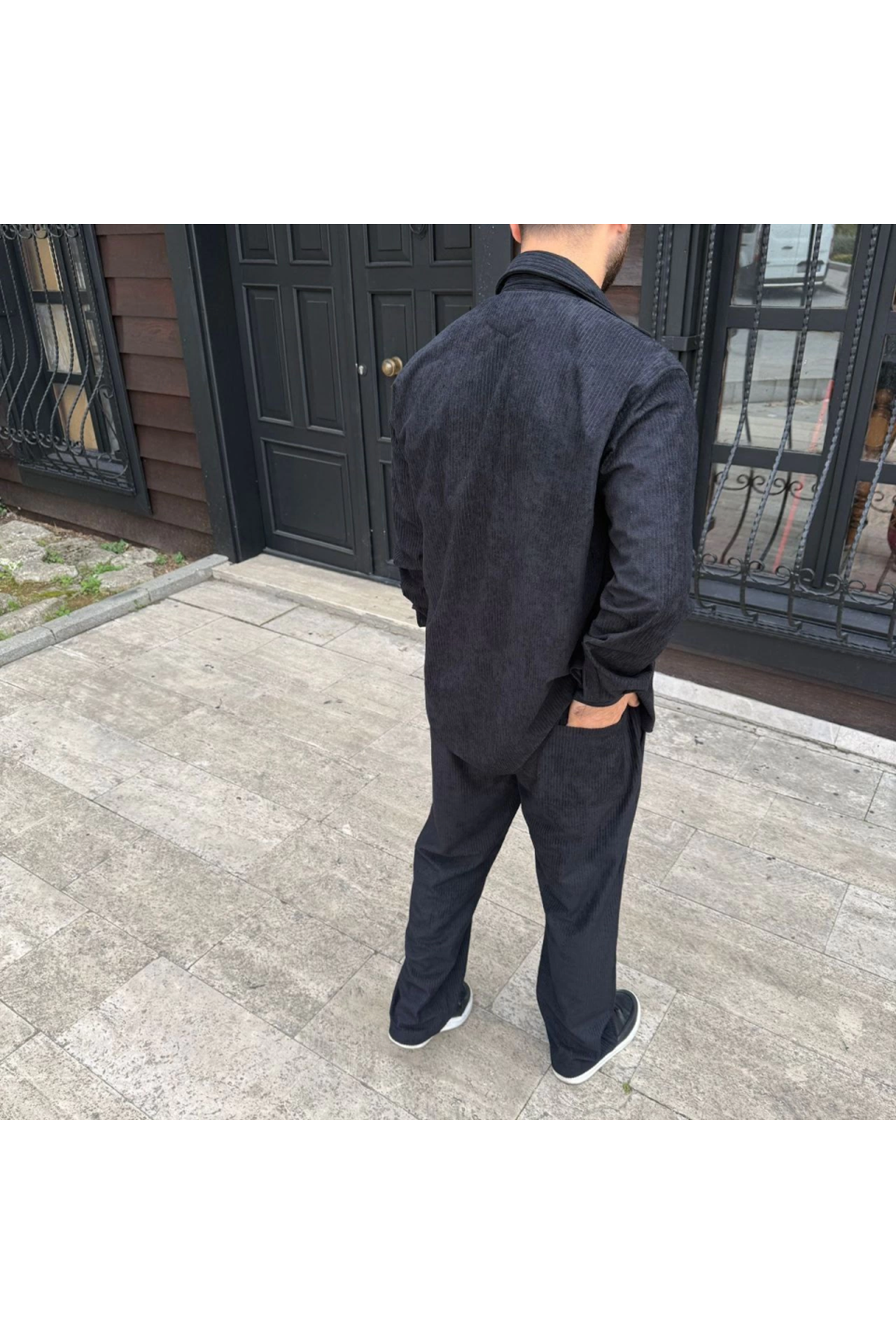 Erkek Fitilli Kadife Cepli Buggy Pantolon Oversize Rahat Kalıp - Siyah
