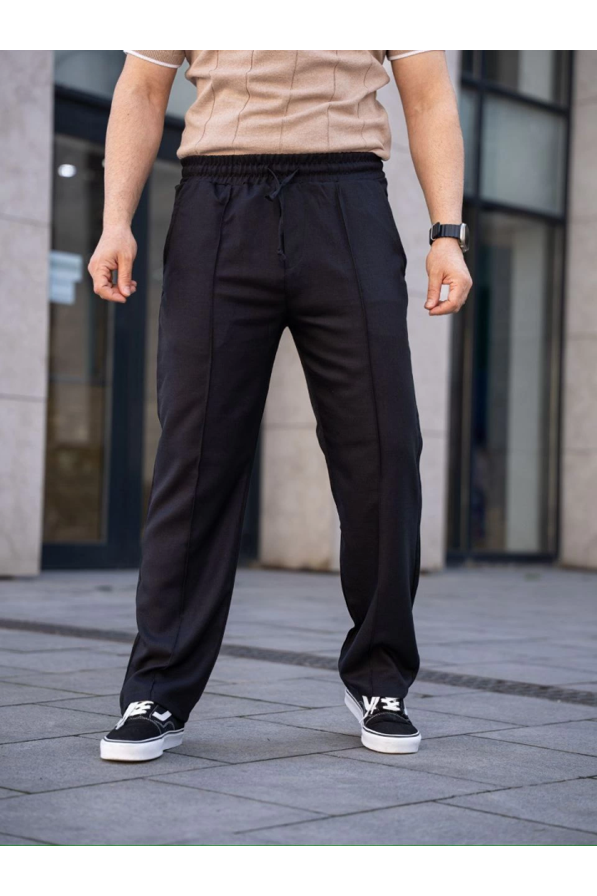 Erkek Keten Cepli Çıma Dikişli Jogger Buggy Pantalon Rahat Kalıp - Siyah