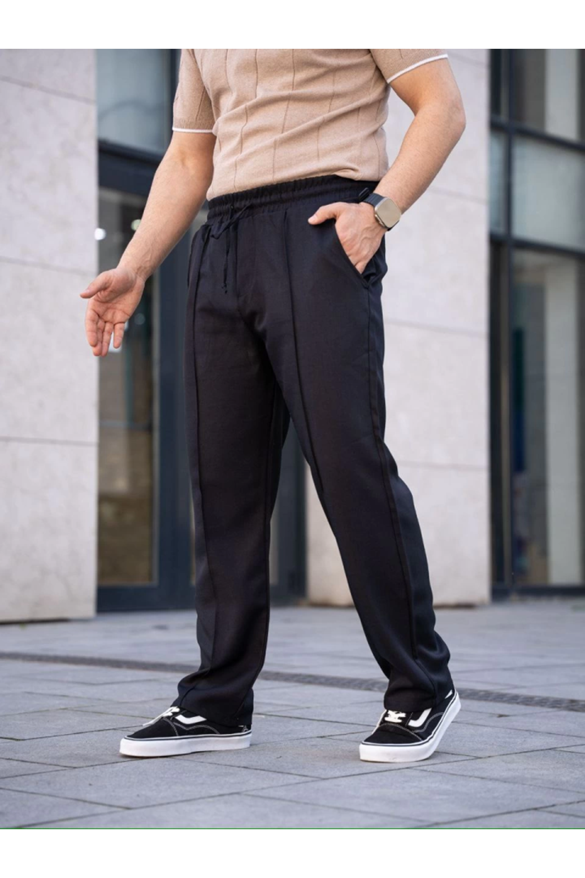 Erkek Keten Cepli Çıma Dikişli Jogger Buggy Pantalon Rahat Kalıp - Siyah