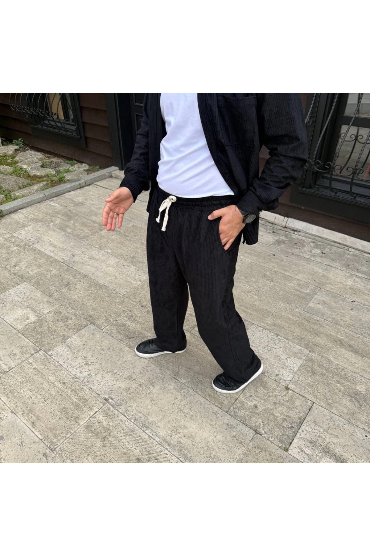 Erkek Fitilli Kadife Cepli Buggy Pantolon Oversize Rahat Kalıp - Siyah