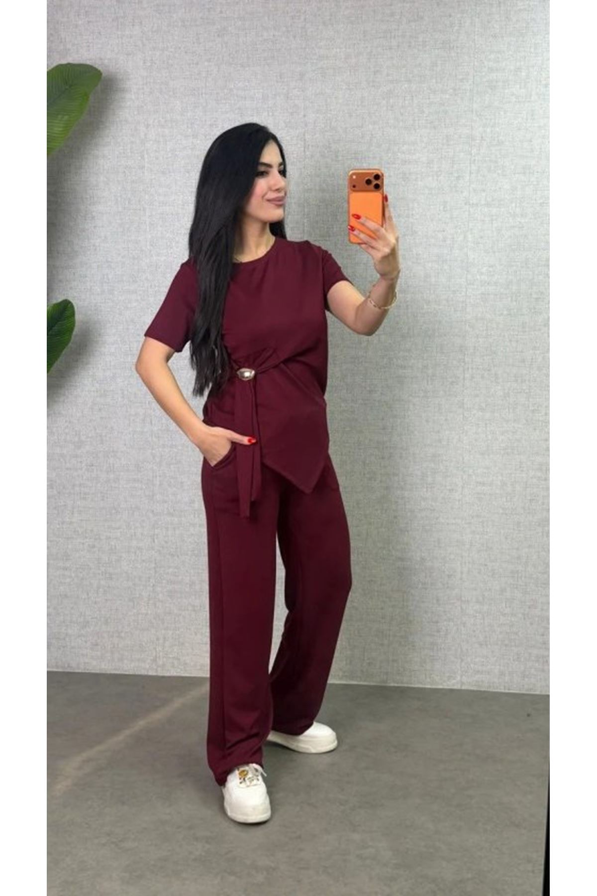 Kadın Kısa Kollu Bisiklet Yaka Yandan Toka Detaylı Viskon Iki Iplik Bluz Ve Pantolon Ikili Takım