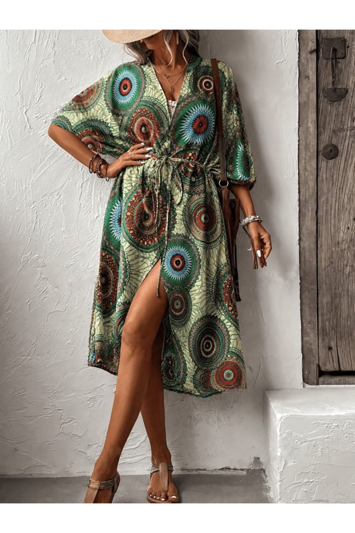 Kadın Kısa Kollu önü Açık Belden Kuşaklı Uzun Kimono