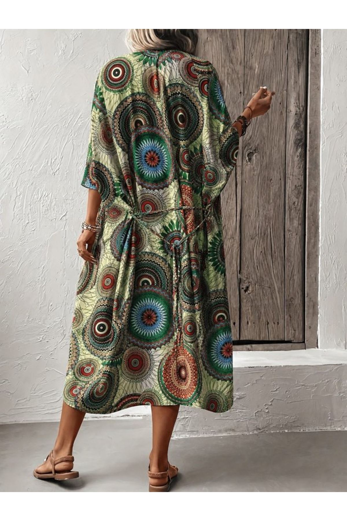 Kadın Kısa Kollu önü Açık Belden Kuşaklı Uzun Kimono