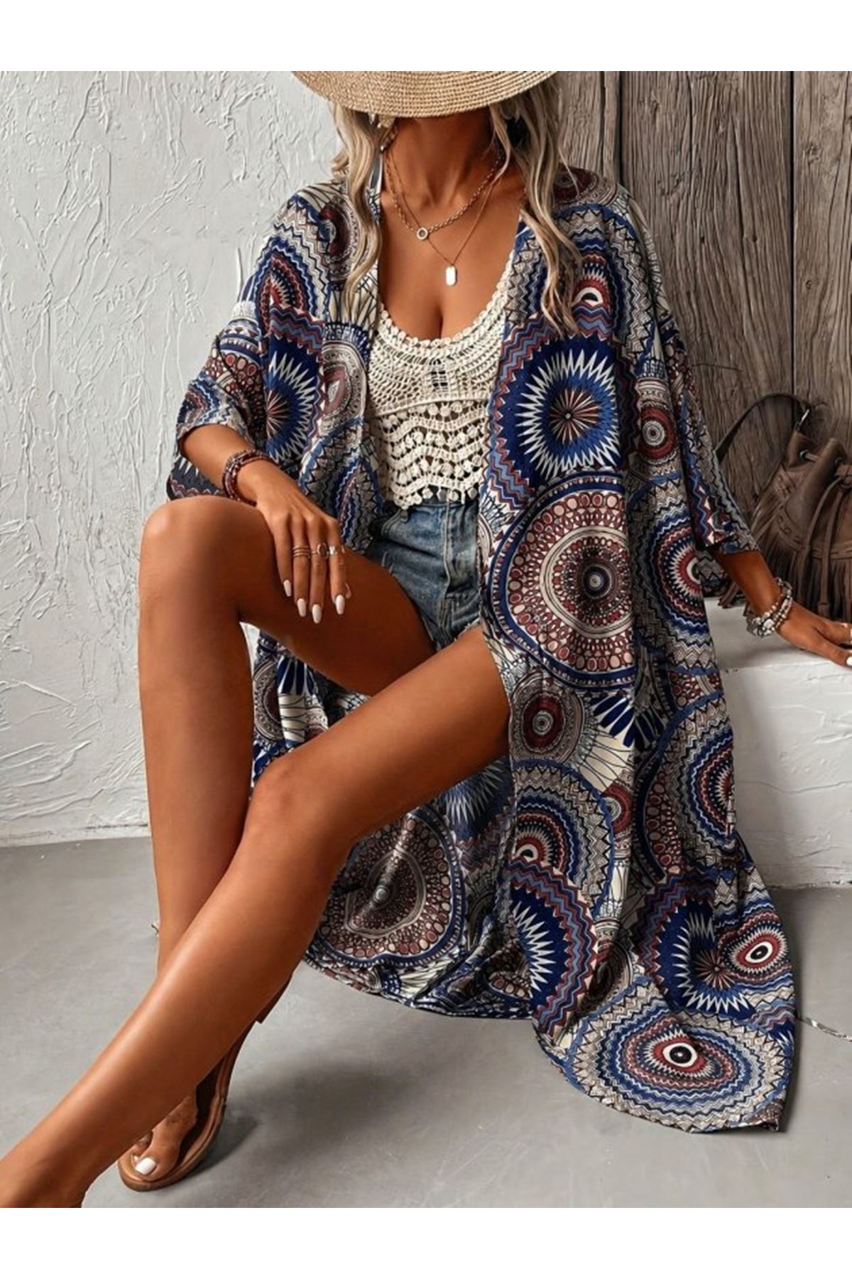 Kadın Kısa Kollu önü Açık Belden Kuşaklı Uzun Kimono