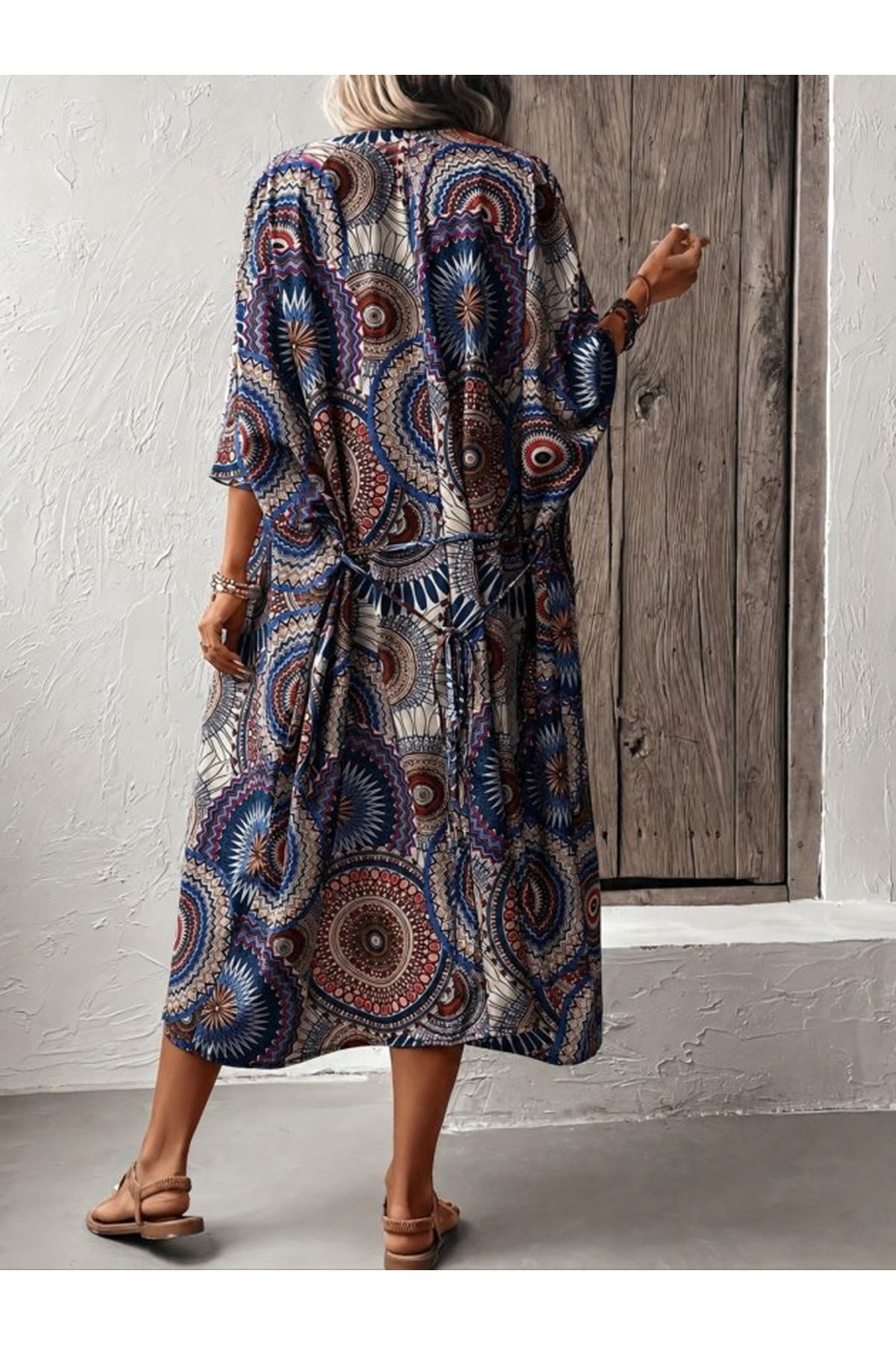 Kadın Kısa Kollu önü Açık Belden Kuşaklı Uzun Kimono