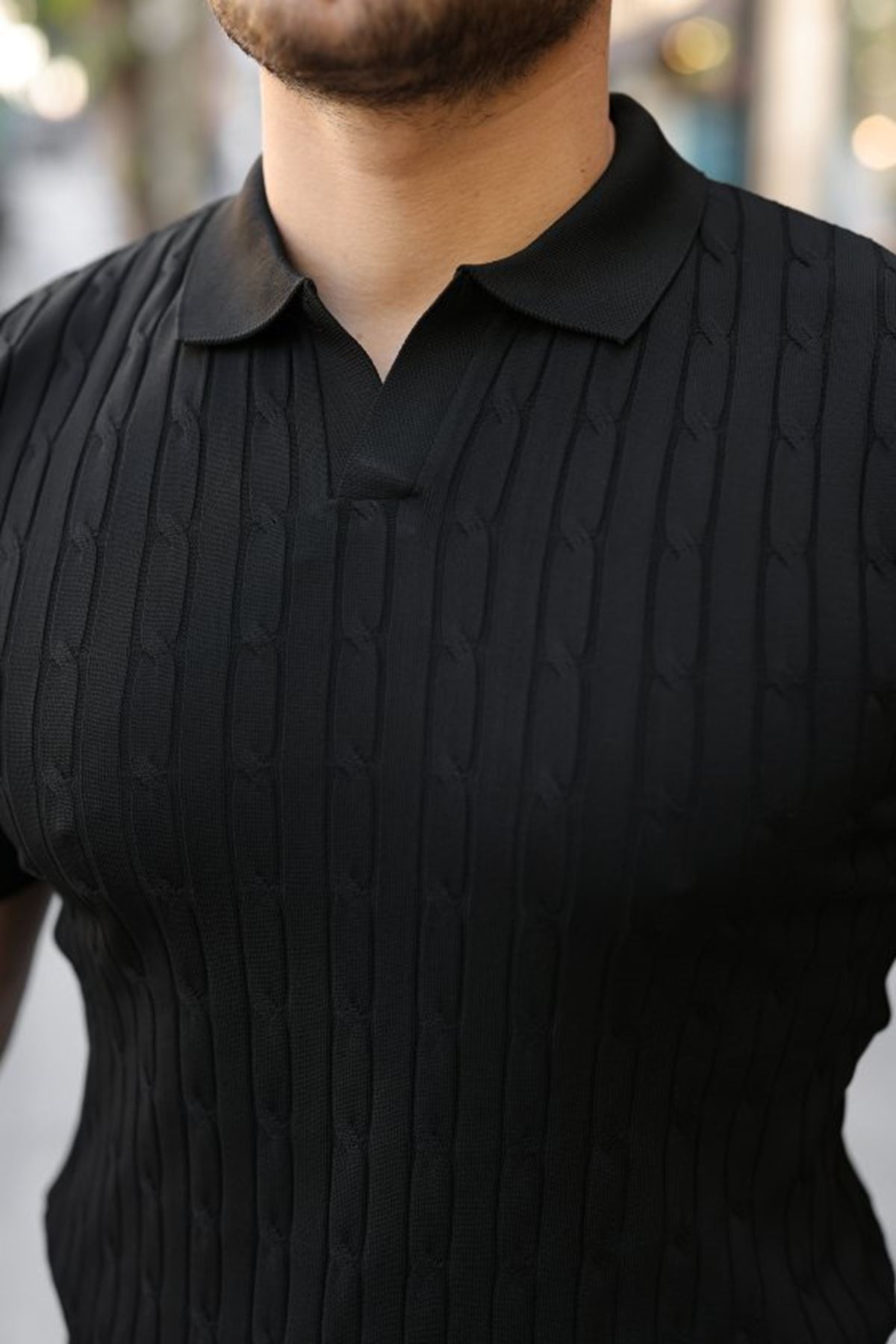 Erkek Örgü Desen Yakalı Kısa Kollu Triko Tişört