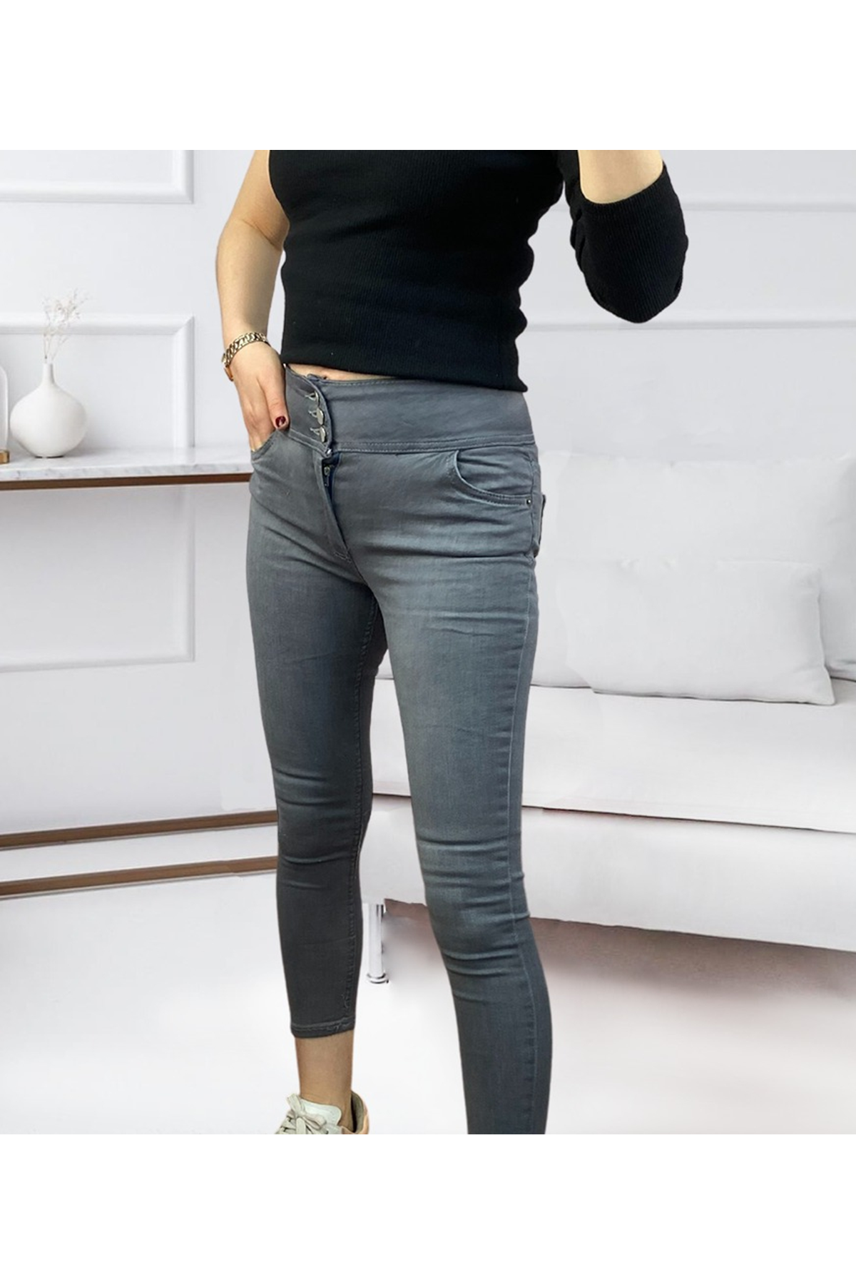 Yüksel Bel Likralı Kot Pantolon (Gri)
