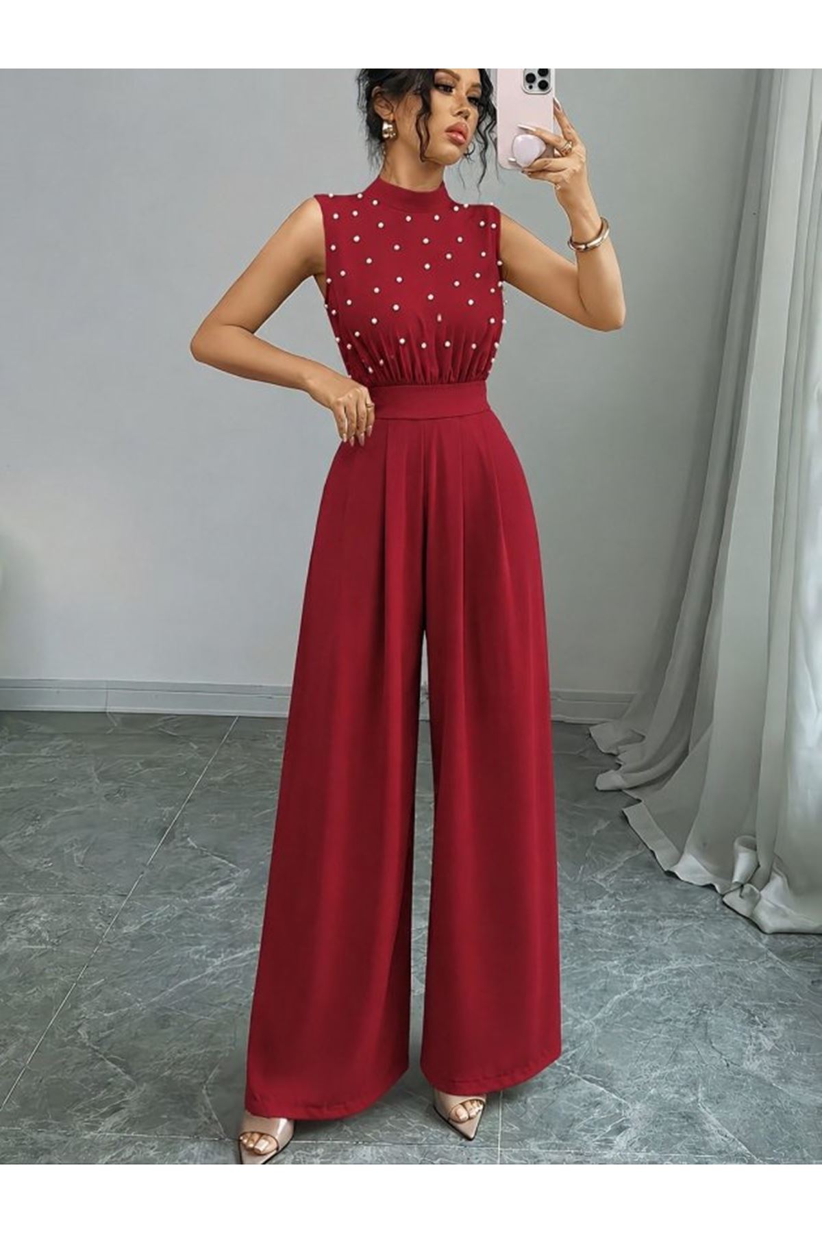 Kadın Balıkçı Yaka Kolsuz Incili Beli Kuşaklı Uzun Janjan Tulum