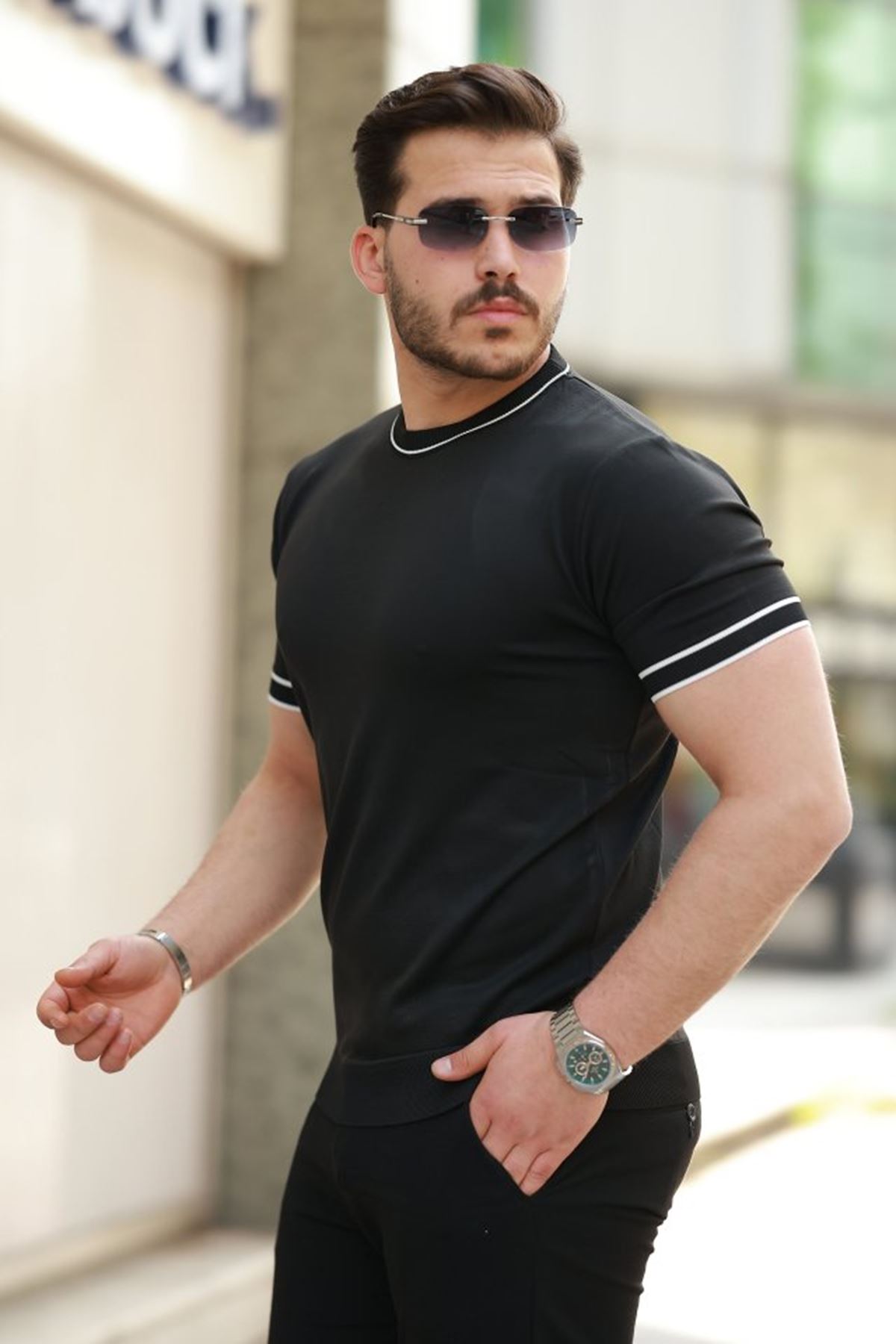Erkek Bisiklet Yaka Ribanalı Kısa Kollu Tshirt