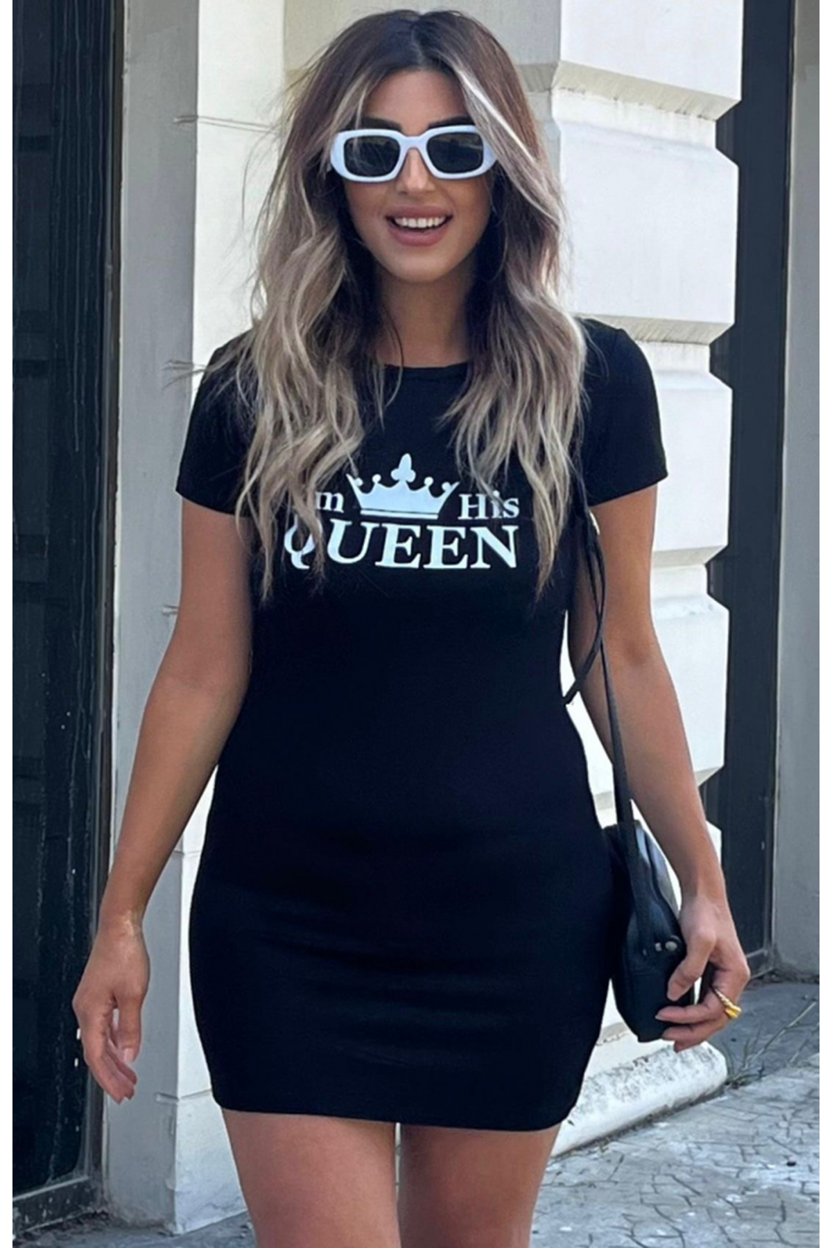 Kadın Kısa Kollu Queen Baskı Iki Iplik Mini Elbise