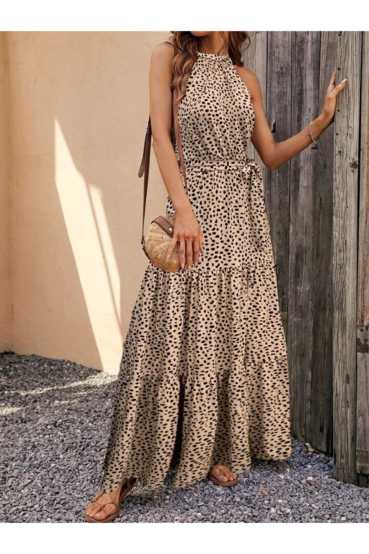 Kadın Kolsuz Halter Yaka Beli Lastiklileopar Desenli Mikro Elbise