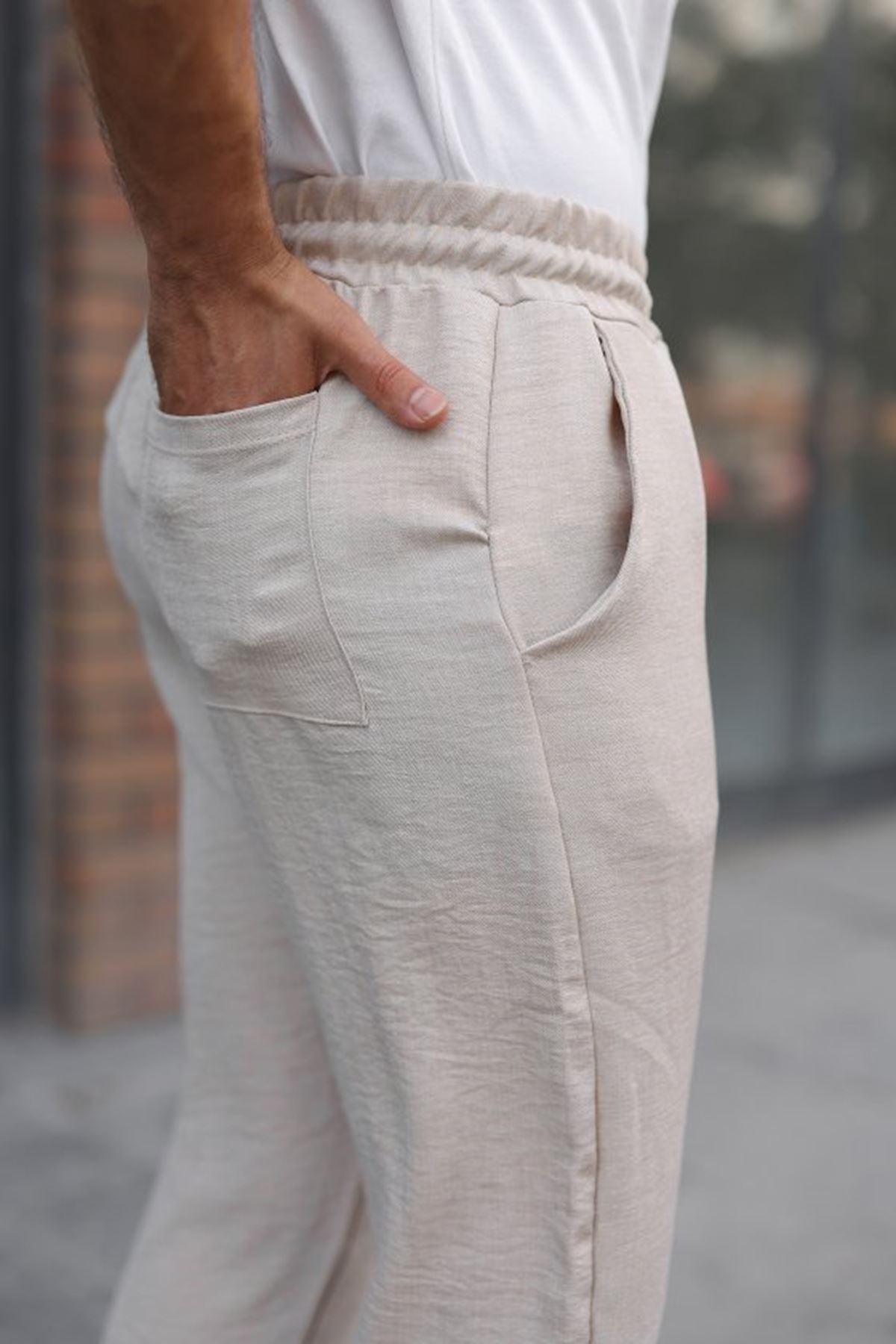 Erkek Beli Lastikli Pera Keten Pantolon