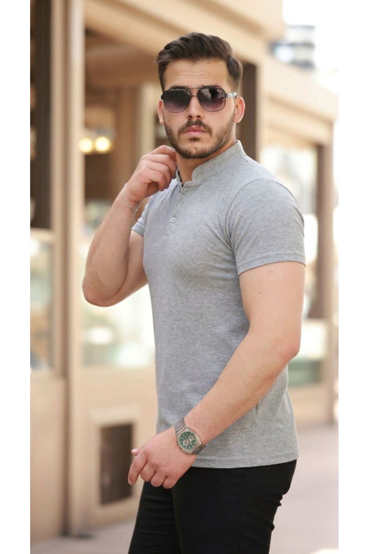 Erkek Hakim Yaka Dokuma Pamuklu Kumaş Kısa Kollu T-shirt
