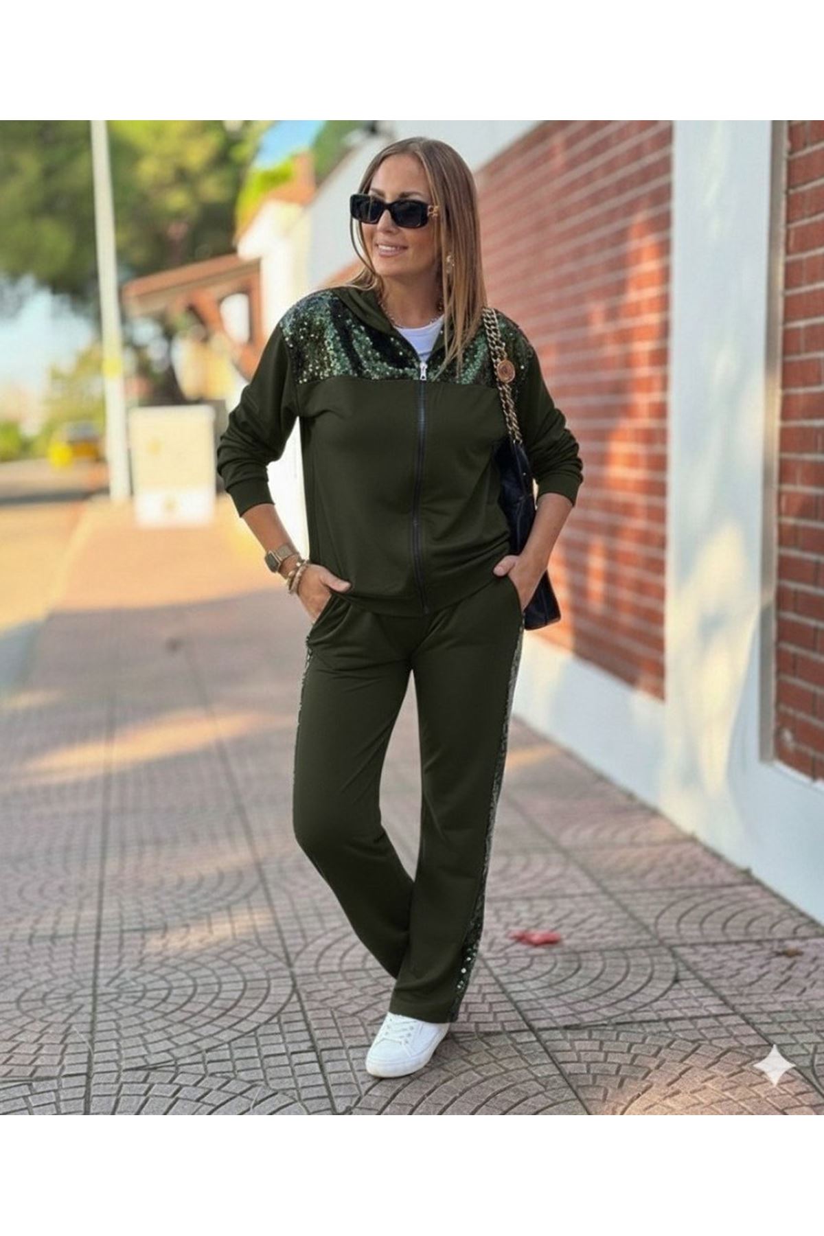 Kadın Uzun Kollu önden Fermuarlı Pul Payetli Alt üst Viskon Iki Iplik Takım