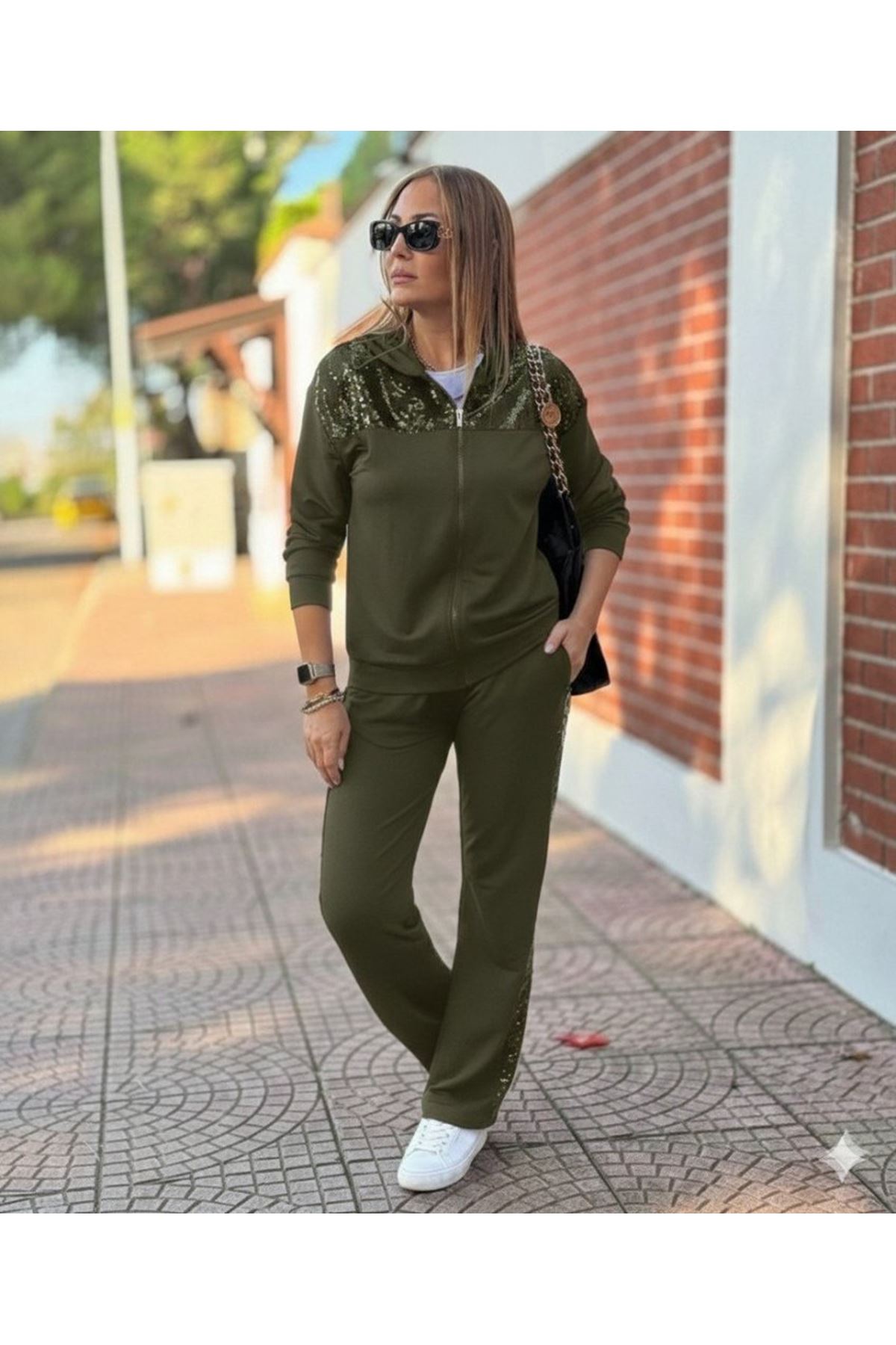 Kadın Uzun Kollu önden Fermuarlı Pul Payetli Alt üst Viskon Iki Iplik Takım