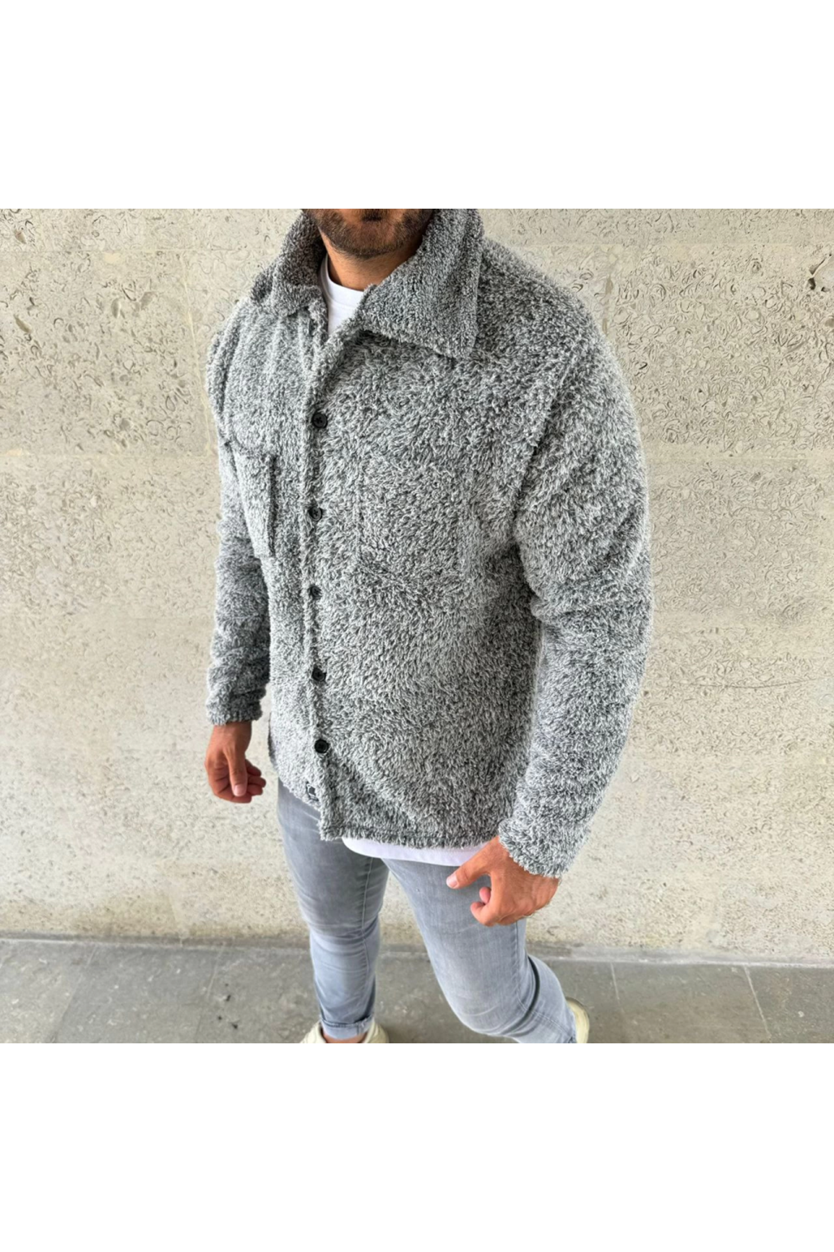 Erkek Pelüş Polar Hırka Gömlek – Yakalı, İlik Düğmeli, Göğüs Cepli, Yumuşak Dokulu Kışlık Regular Fit Rahat Günlük Model - Gri