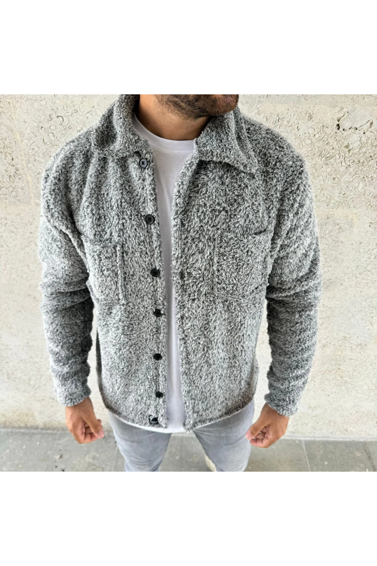 Erkek Pelüş Polar Hırka Gömlek – Yakalı, İlik Düğmeli, Göğüs Cepli, Yumuşak Dokulu Kışlık Regular Fit Rahat Günlük Model - Gri