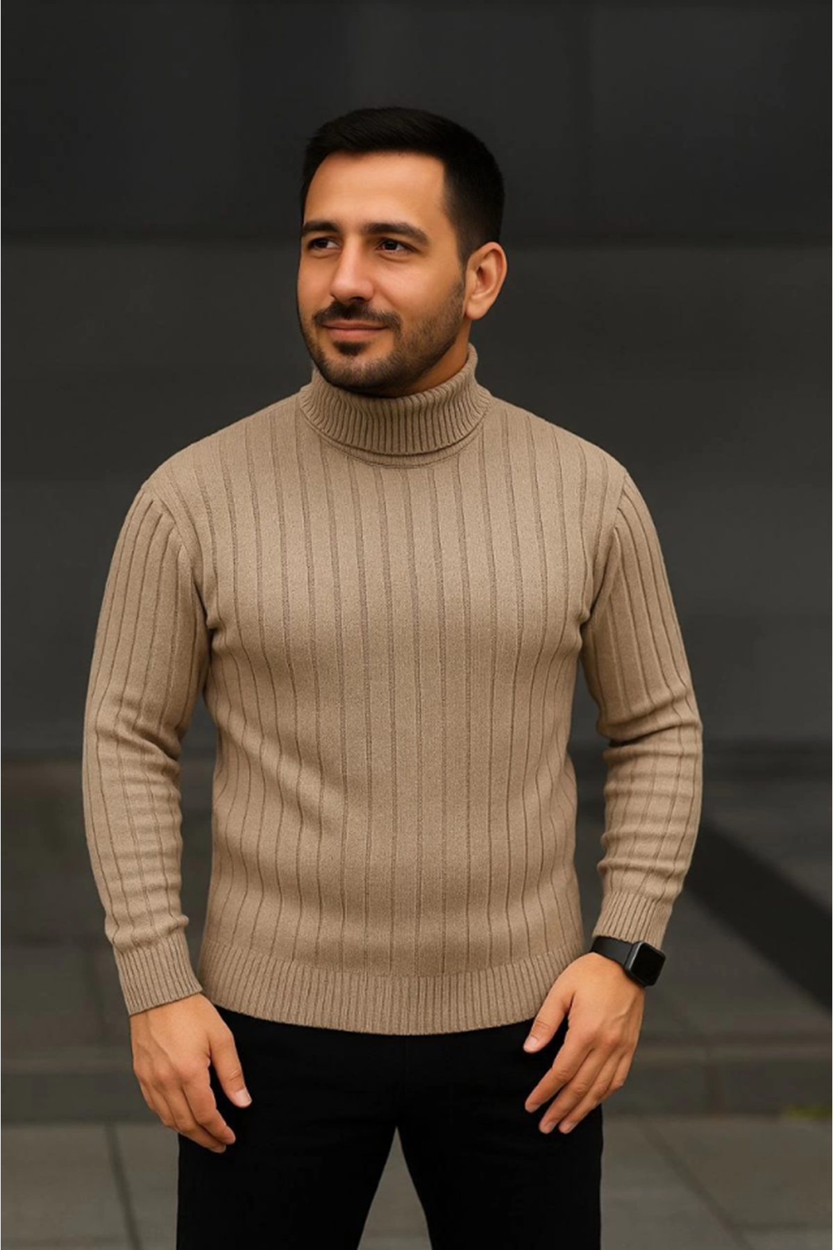 Erkek Balıkcı Yaka Bağazlı Triko Kazak Pamuklu Kalın Fitilli Dokuma, Regular Fit Uzun Kollu Kışlık Model - Bej