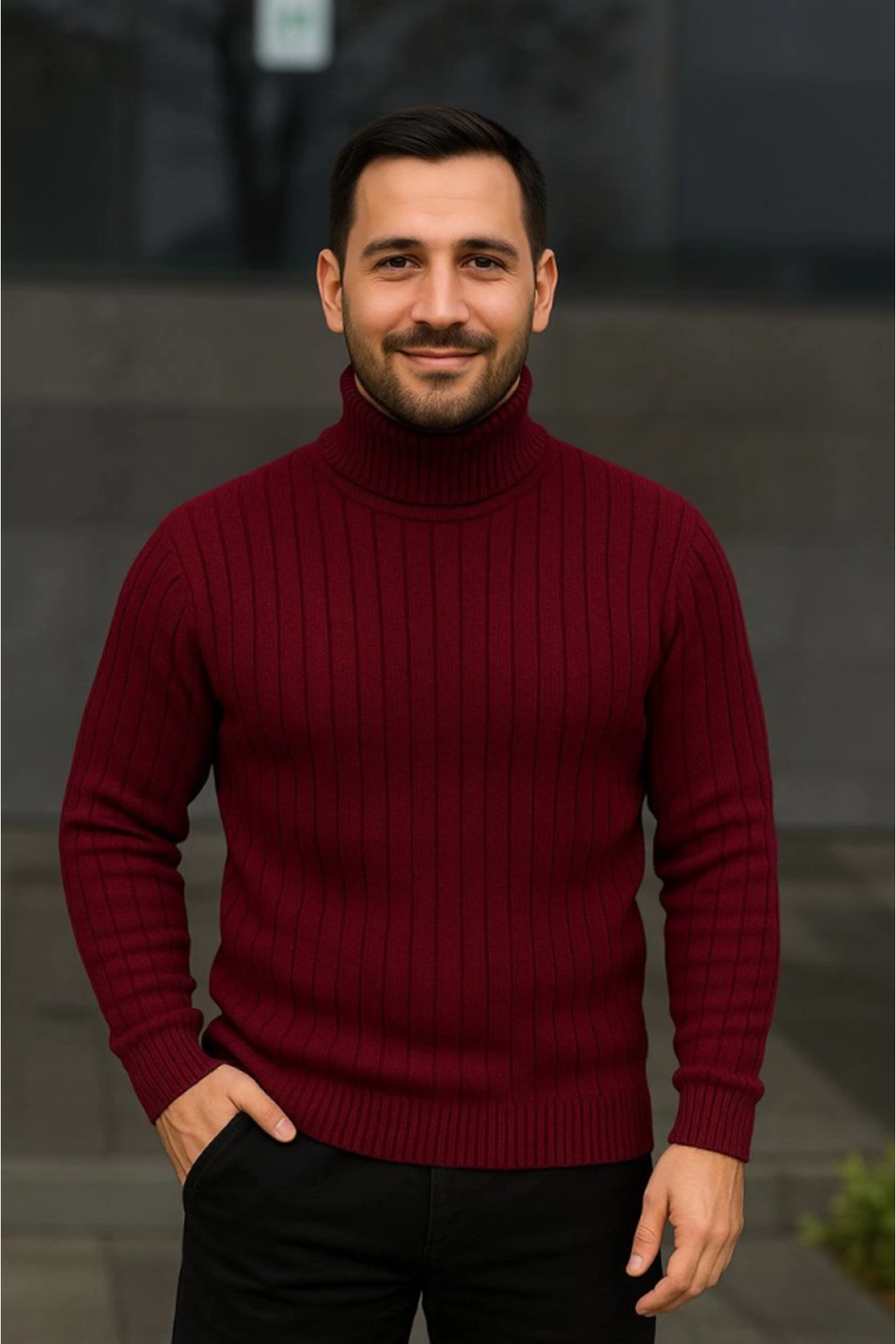 Erkek Balıkcı Yaka Bağazlı Triko Kazak Pamuklu Kalın Fitilli Dokuma, Regular Fit Uzun Kollu Kışlık Model - Bordo