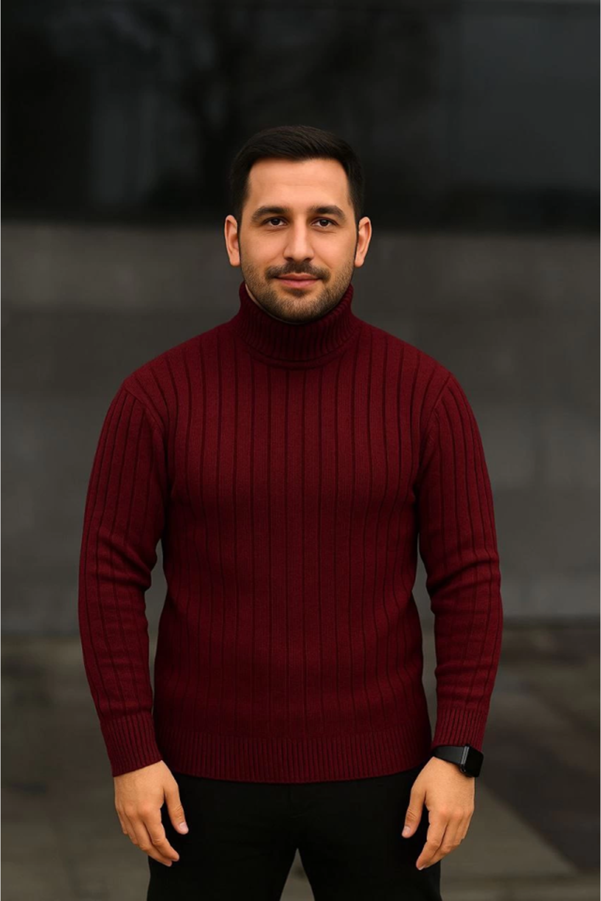 Erkek Balıkcı Yaka Bağazlı Triko Kazak Pamuklu Kalın Fitilli Dokuma, Regular Fit Uzun Kollu Kışlık Model - Bordo