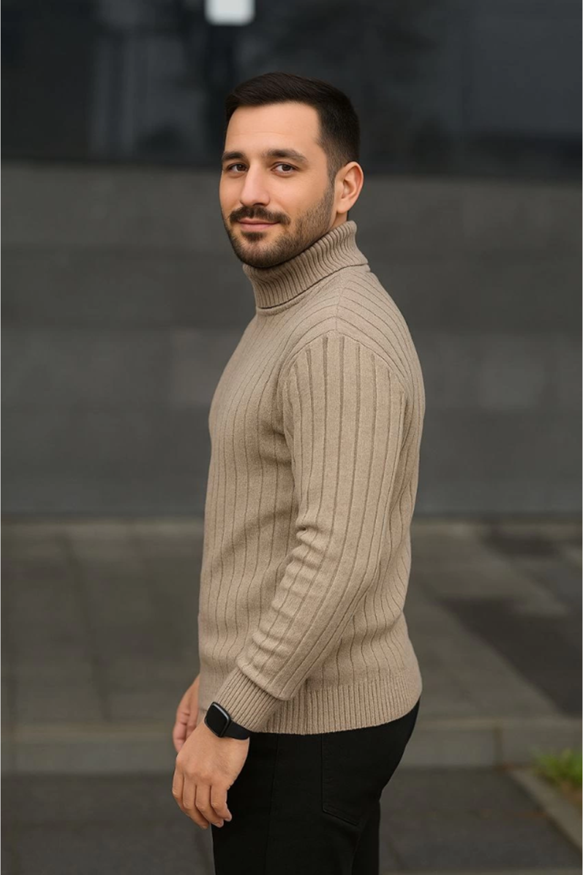 Erkek Balıkcı Yaka Bağazlı Triko Kazak Pamuklu Kalın Fitilli Dokuma, Regular Fit Uzun Kollu Kışlık Model - Bej