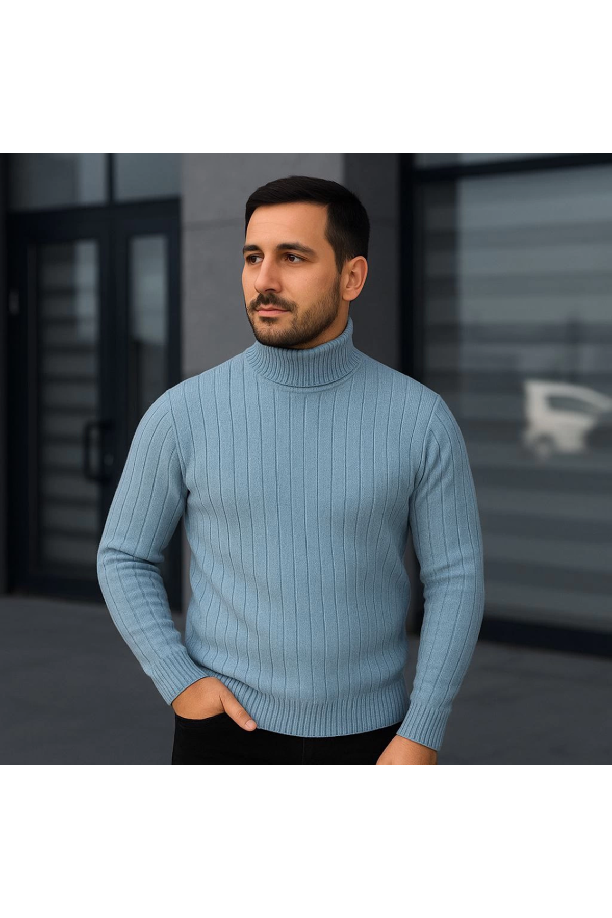 Erkek Balıkcı Yaka Bağazlı Triko Kazak Pamuklu Kalın Fitilli Dokuma, Regular Fit Uzun Kollu Kışlık Model - Bebe Mavisi