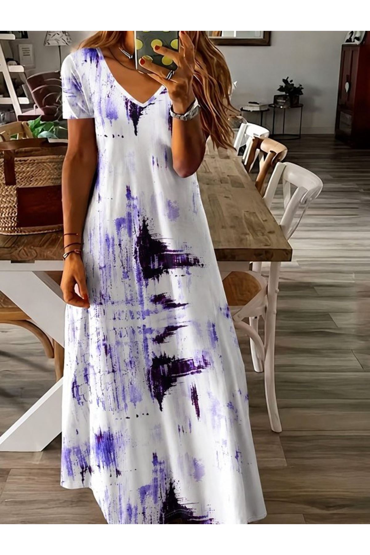 Kadın Kısa Kollu V Yakalı Desenli Uzun Süprem Elbise