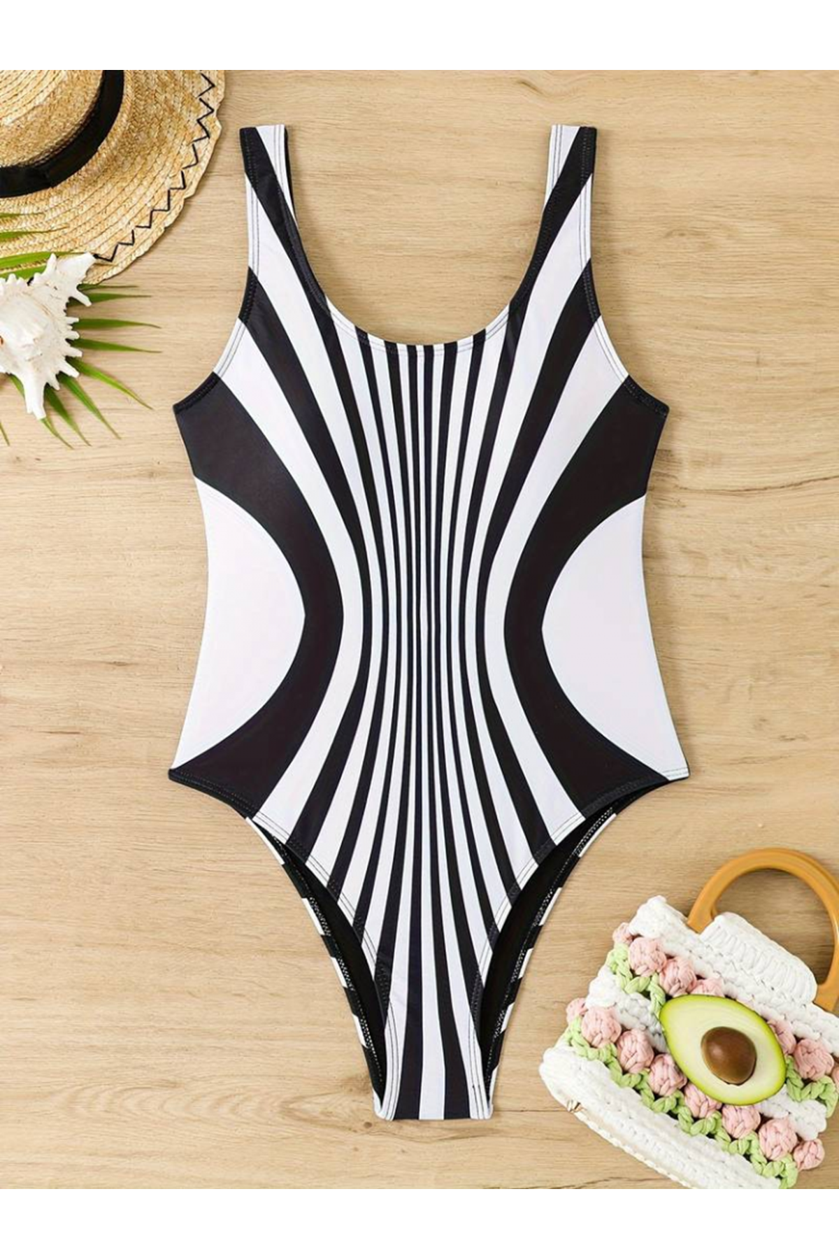 Kadın Yuvarlak Yaka Askılı Zebra Desen Baskılı Dalgıç Mayo