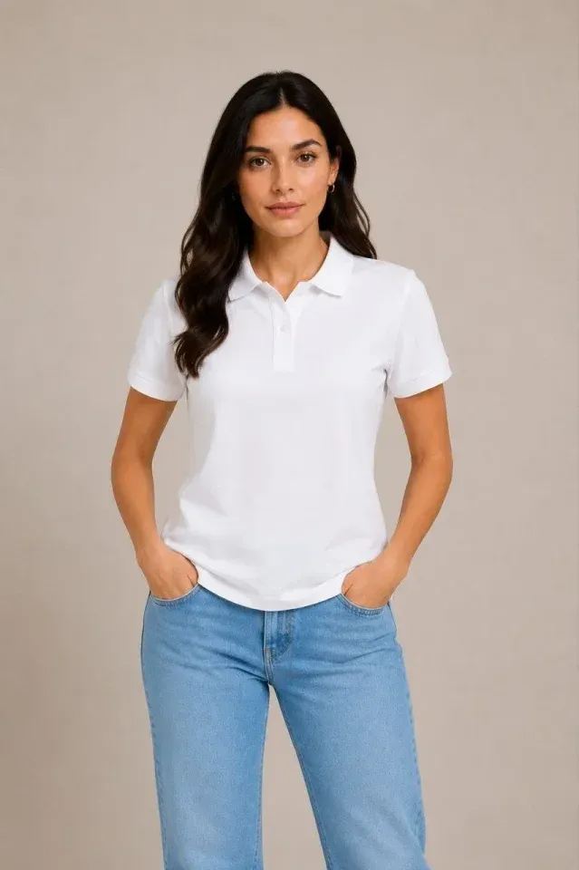 2li Polo Yaka Pike Kumaş Düğmeli Basic Tişört Günlük Rahat Kesim - Beyaz, Pembe