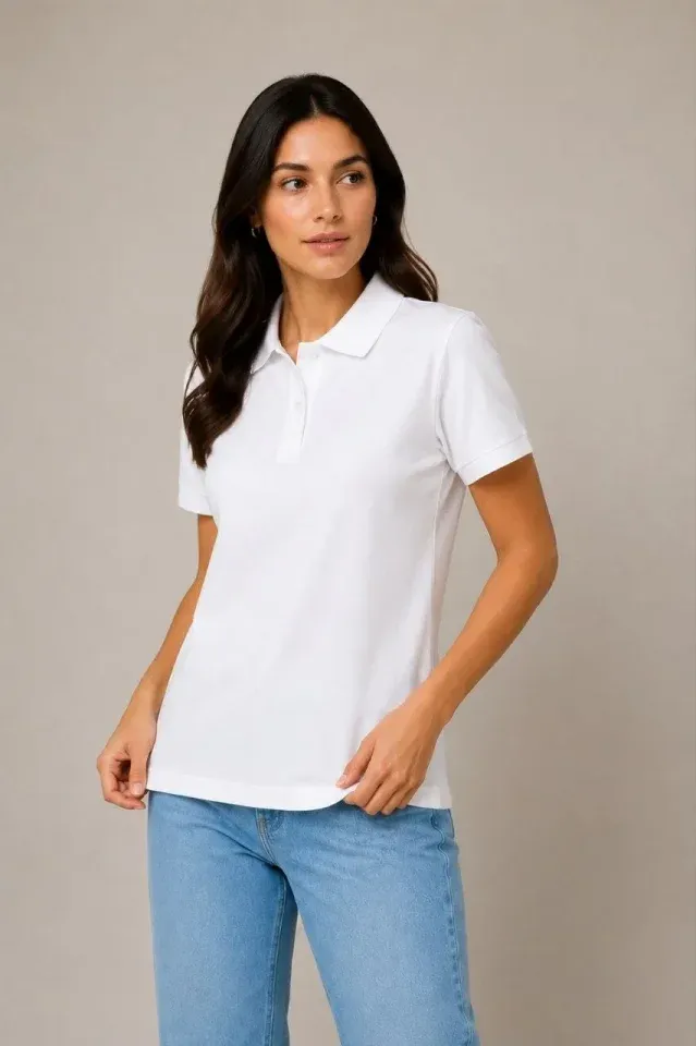 2li Polo Yaka Pike Kumaş Düğmeli Basic Tişört Günlük Rahat Kesim - Beyaz, Pembe